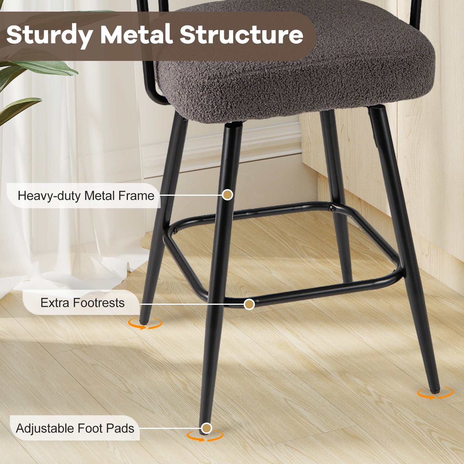 Swivel Bar Stool Set of 2 Counter Height Chairs with Curved Back and Arms-Grey