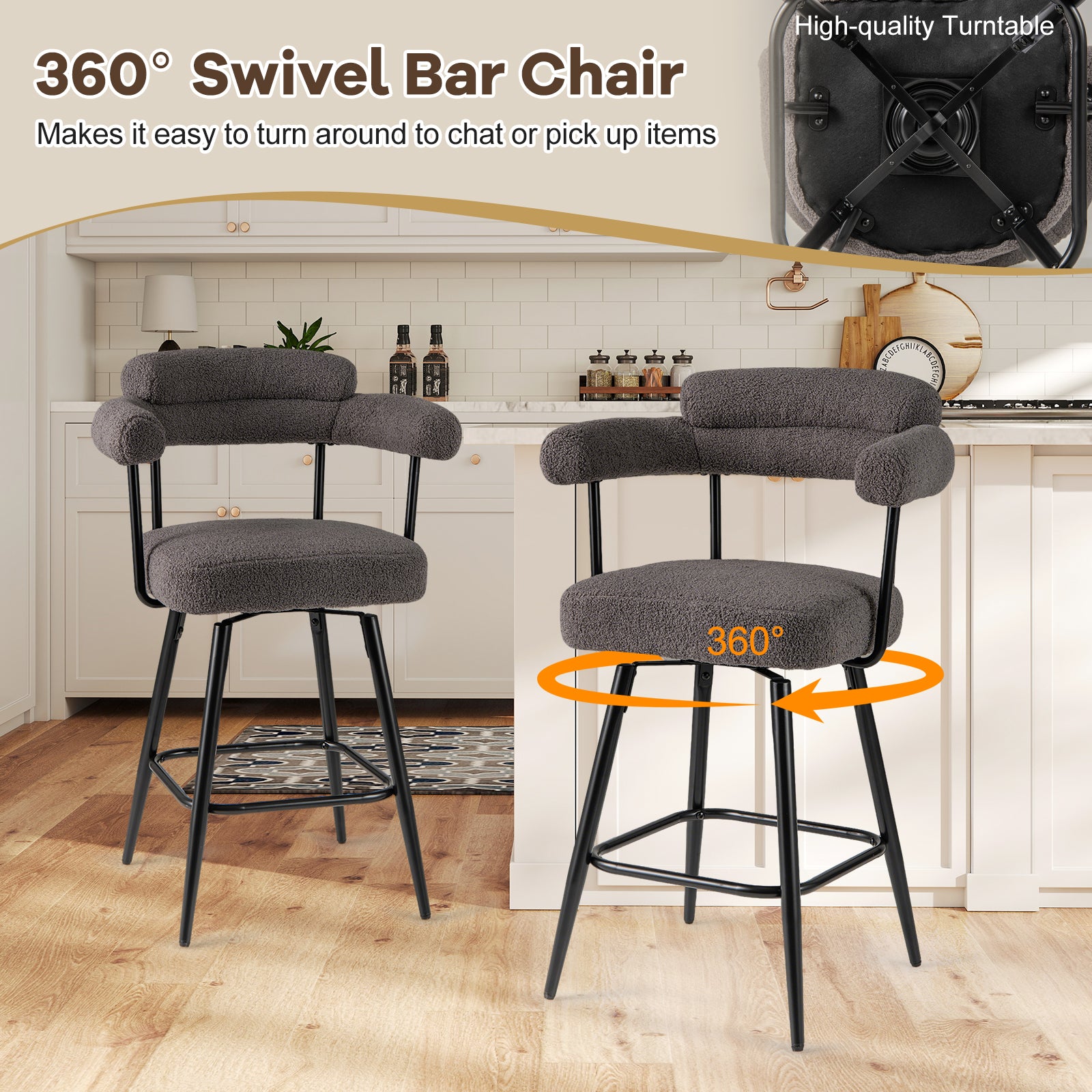 Swivel Bar Stool Set of 2 Counter Height Chairs with Curved Back and Arms-Grey