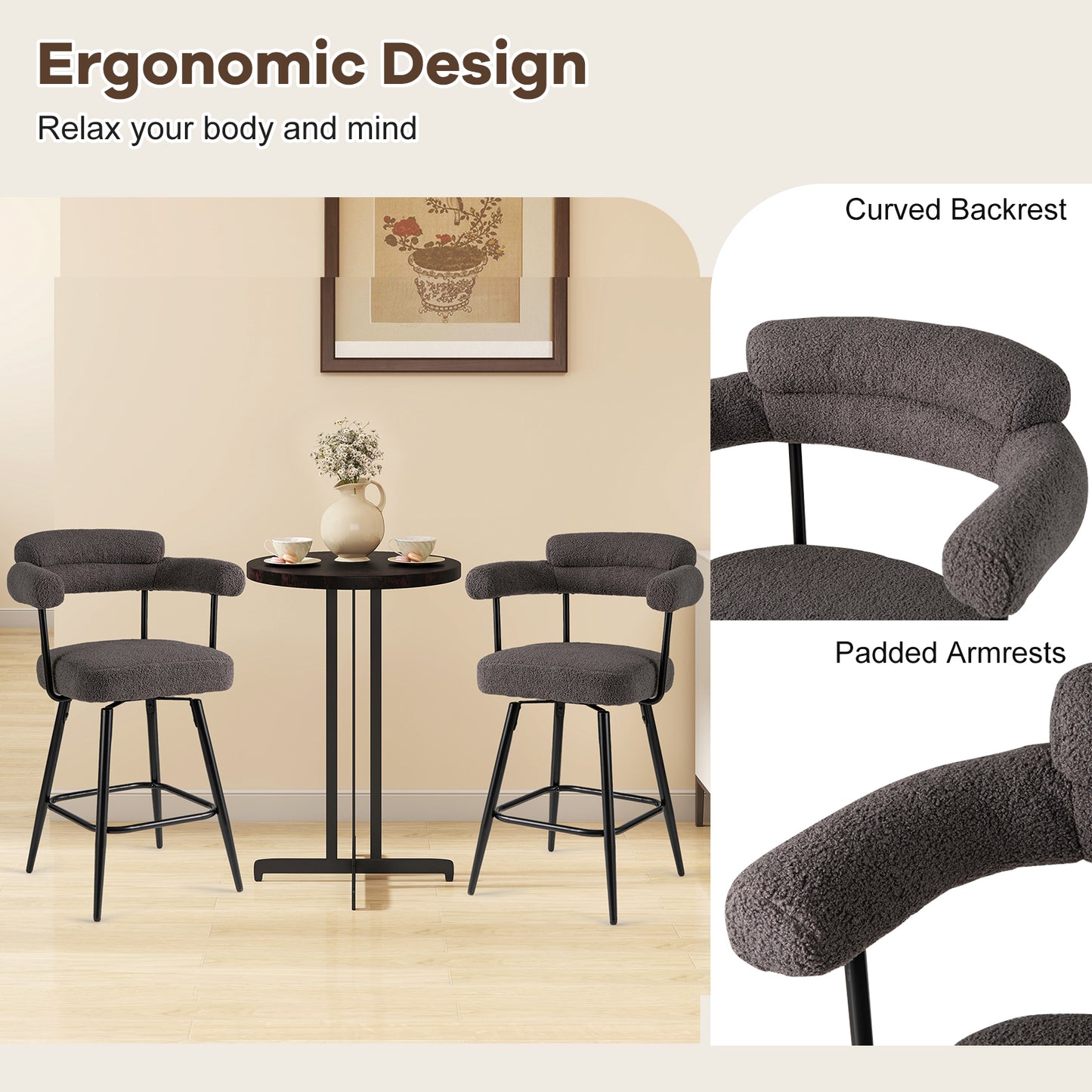 Swivel Bar Stool Set of 2 Counter Height Chairs with Curved Back and Arms-Grey