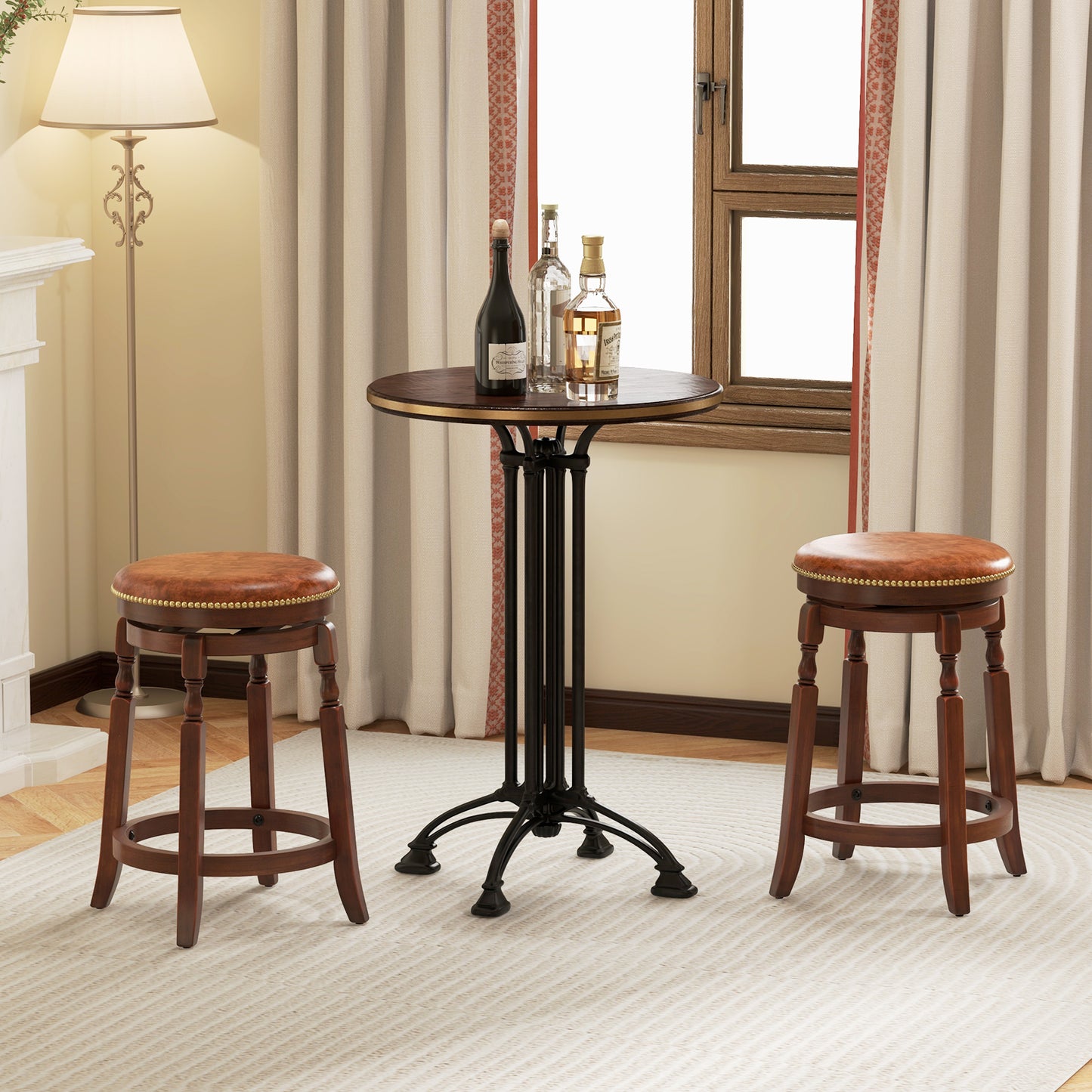 29 Inch Swivel Bar Stool Set of 2 with Upholstered Seat and Rubber Wood Frame-29 inches