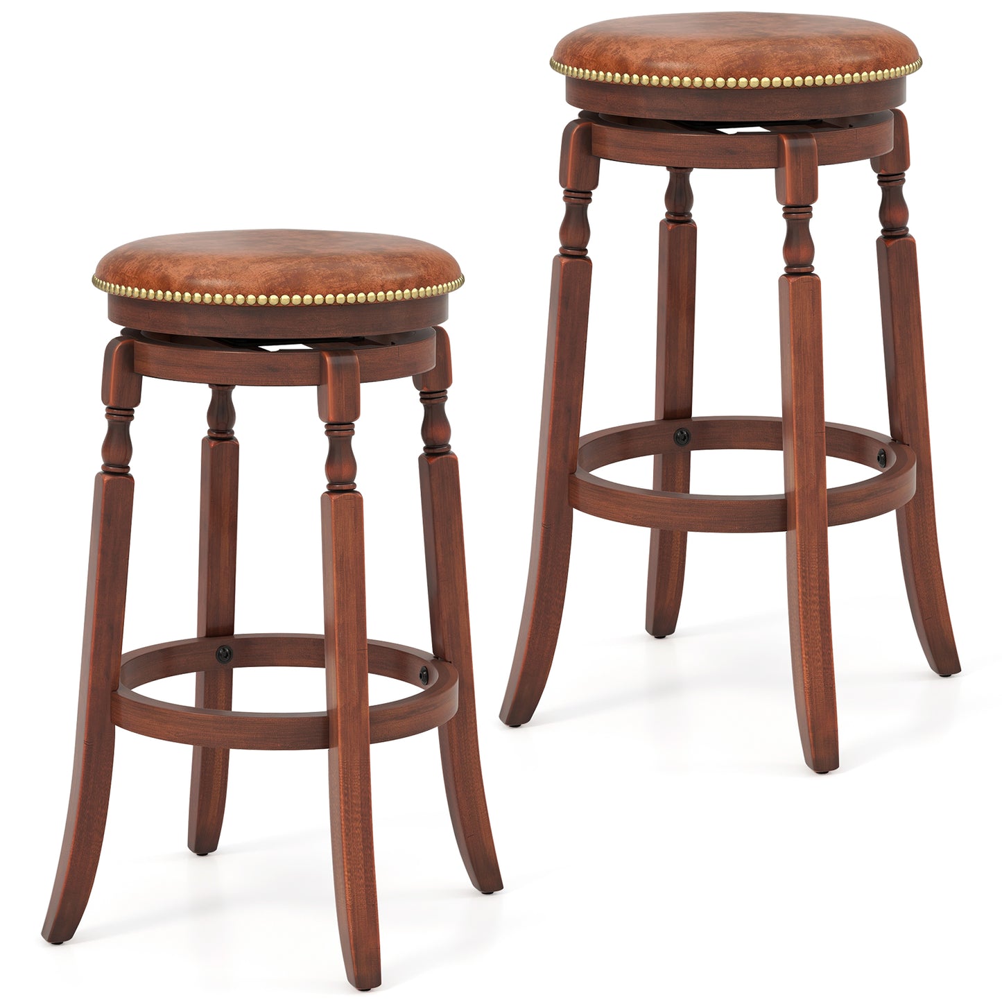 29 Inch Swivel Bar Stool Set of 2 with Upholstered Seat and Rubber Wood Frame-29 inches - 29 Inches