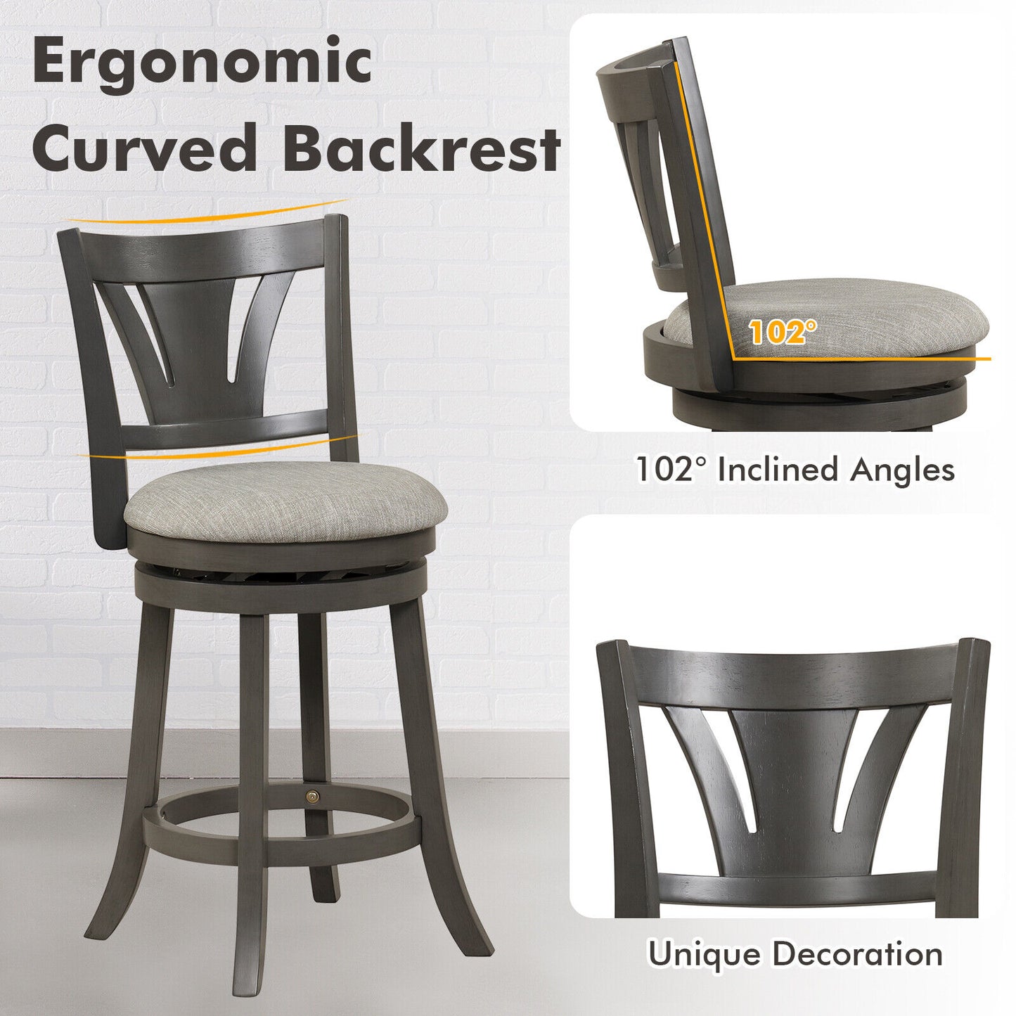 26.5 Inch Swivel Bar Stool with Backrest Soft Cushioned Seat and Footrest Gray-26.5 inches