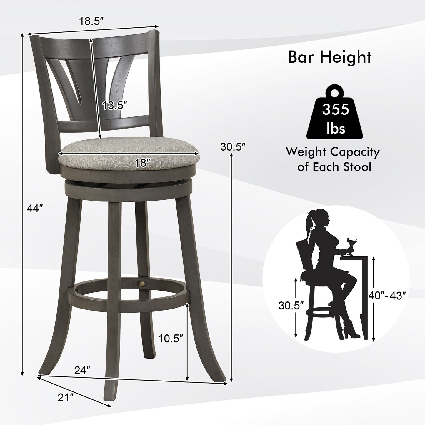 30.5 Inch Swivel Bar Stool with Backrest Soft Cushioned Seat and Footrest Gray-30.5 inches