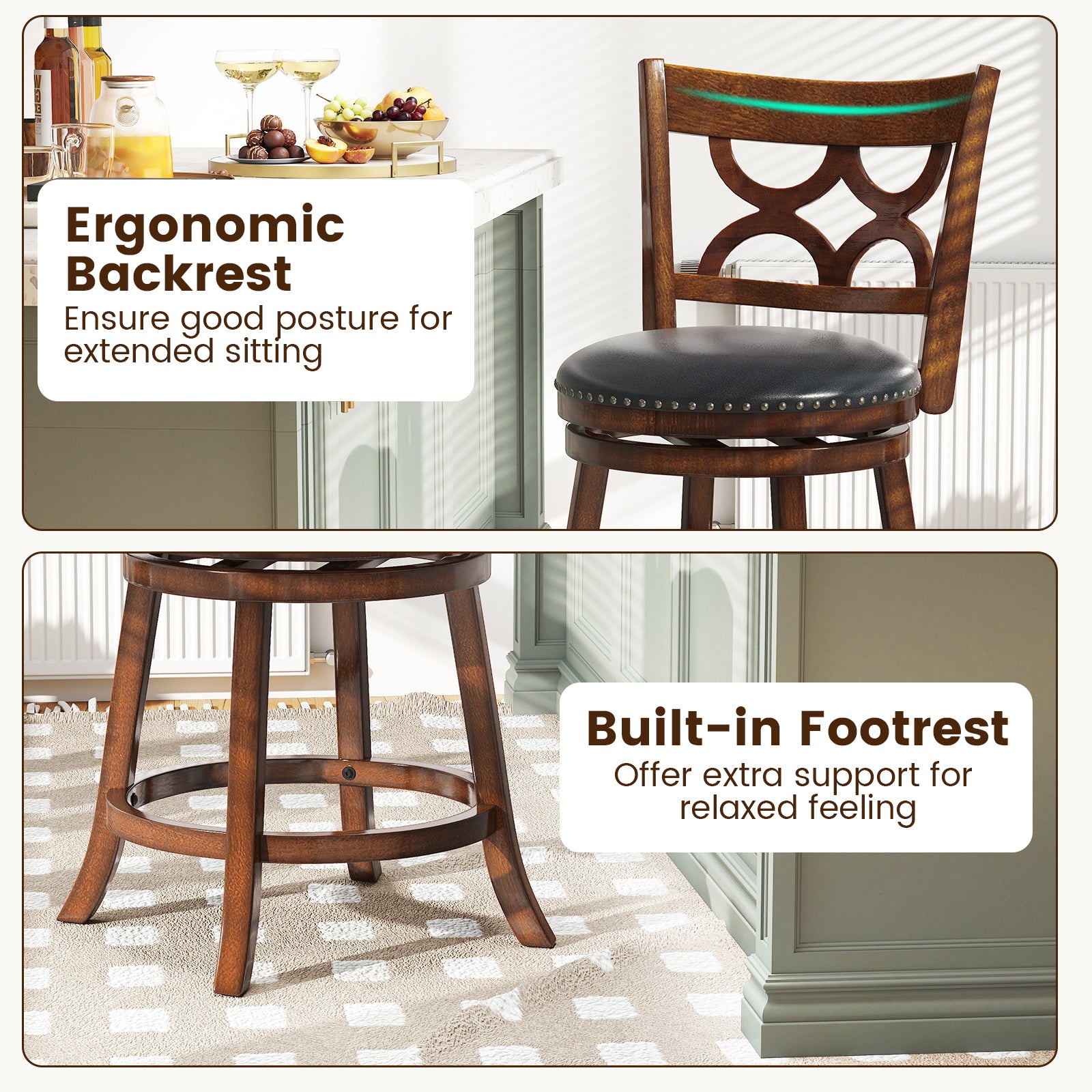 Swivel Bar Stools Set of 2 with High Backrest and Wood Frame-24 Inches