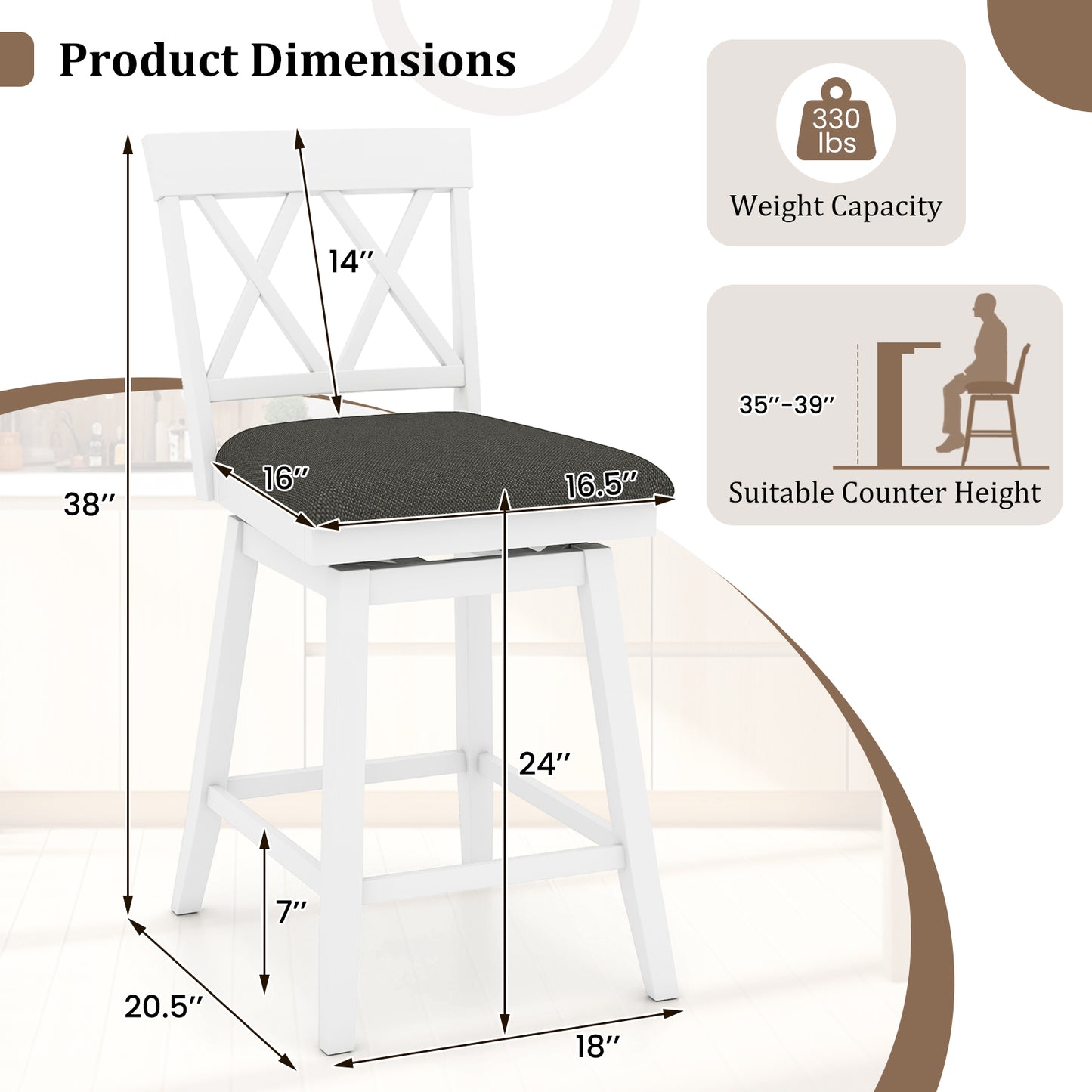 Swivel Bar Stools Set of 4 Counter Height Barstools with Backrest Upholstered Seat Cushion-24 inches
