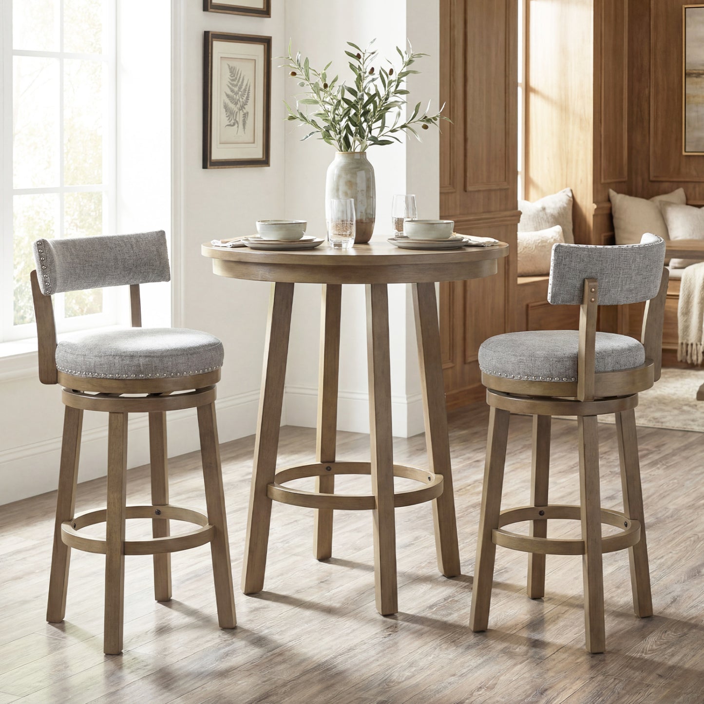 Swivel Bar Stools Set of 2 Linen Fabric Upholstered Barstools with Back-31.5 Inches