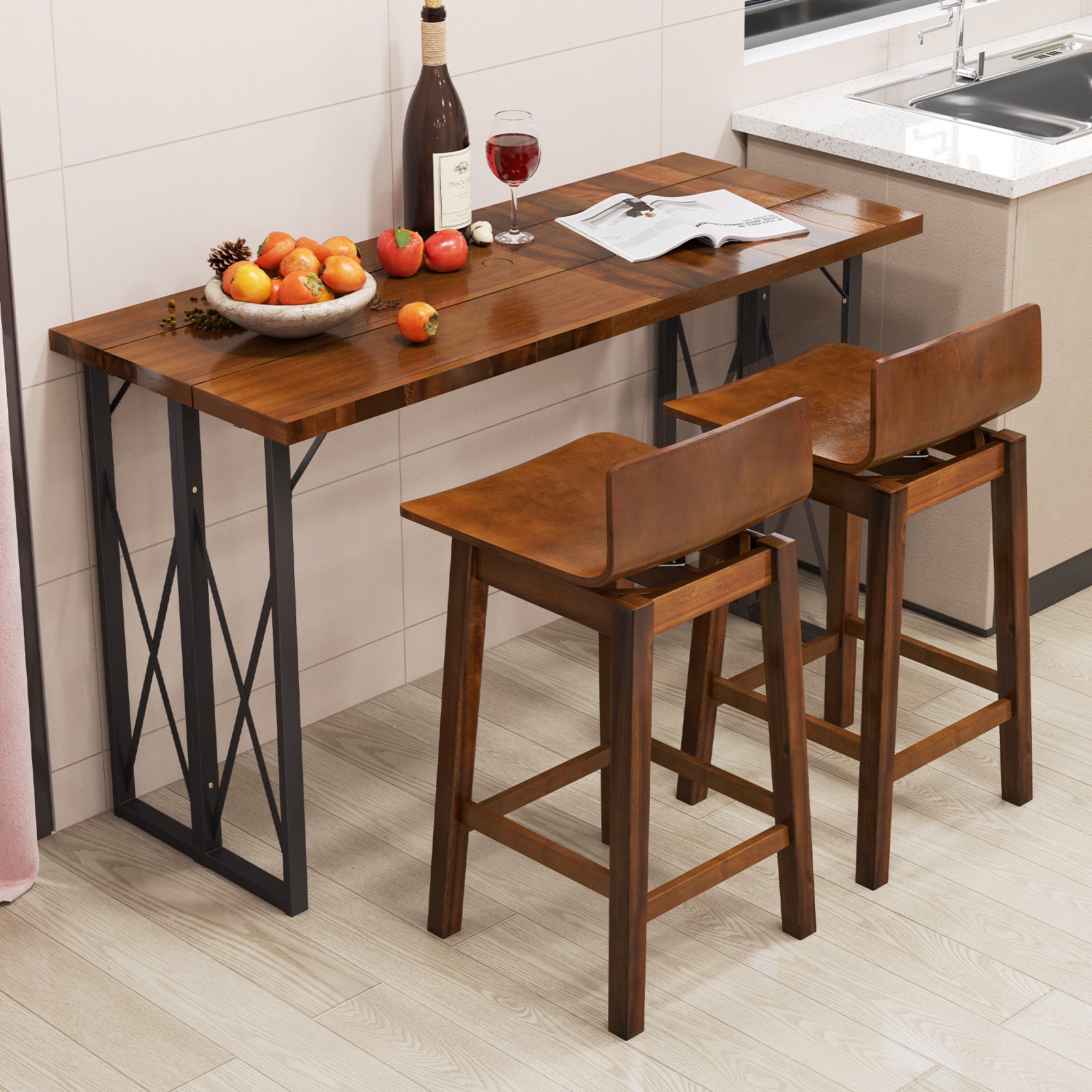 24.5 Inch Swivel Wooden Bar Stools Set of 2 with Rubber Wood Legs and Low Back-Walnut