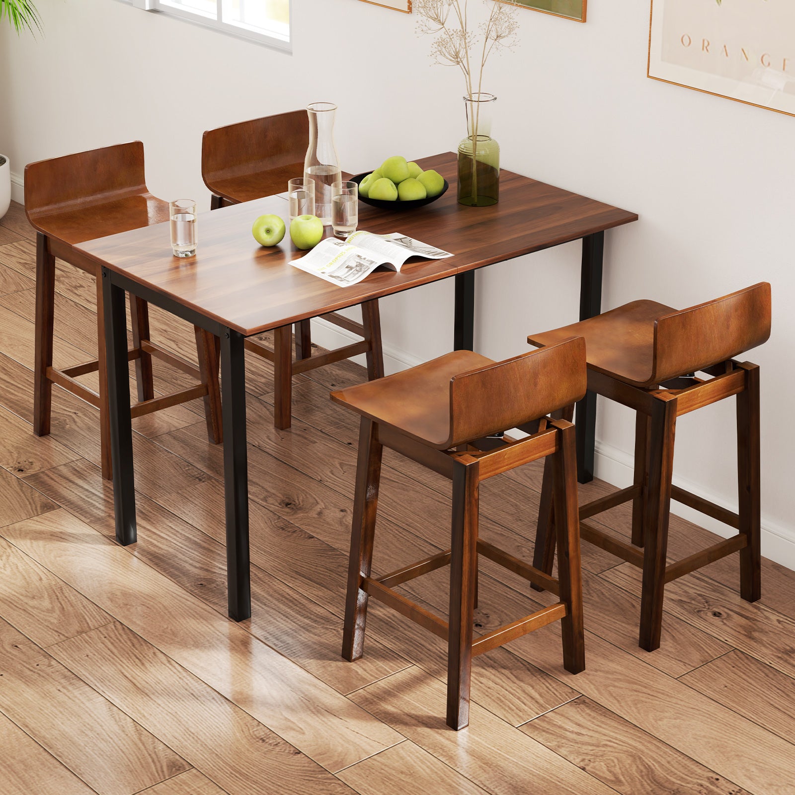 24.5 Inch Swivel Wooden Bar Stools Set of 2 with Rubber Wood Legs and Low Back-Walnut