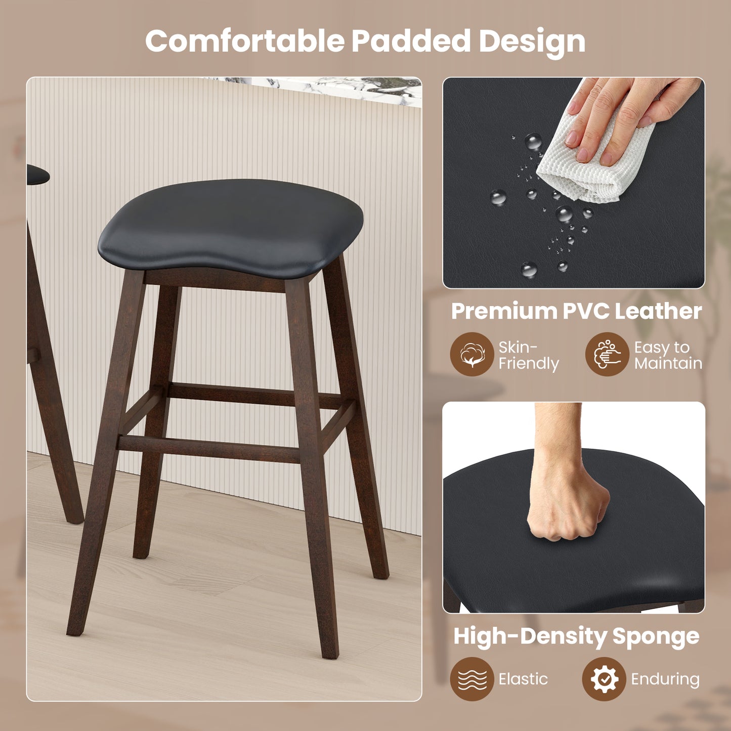 Swivel Bar Stools Set of 2 with Padded Contoured Seat and Footrest-Black & Brown