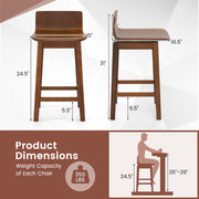 24.5 Inch Swivel Wooden Bar Stools Set of 2 with Rubber Wood Legs and Low Back-Walnut