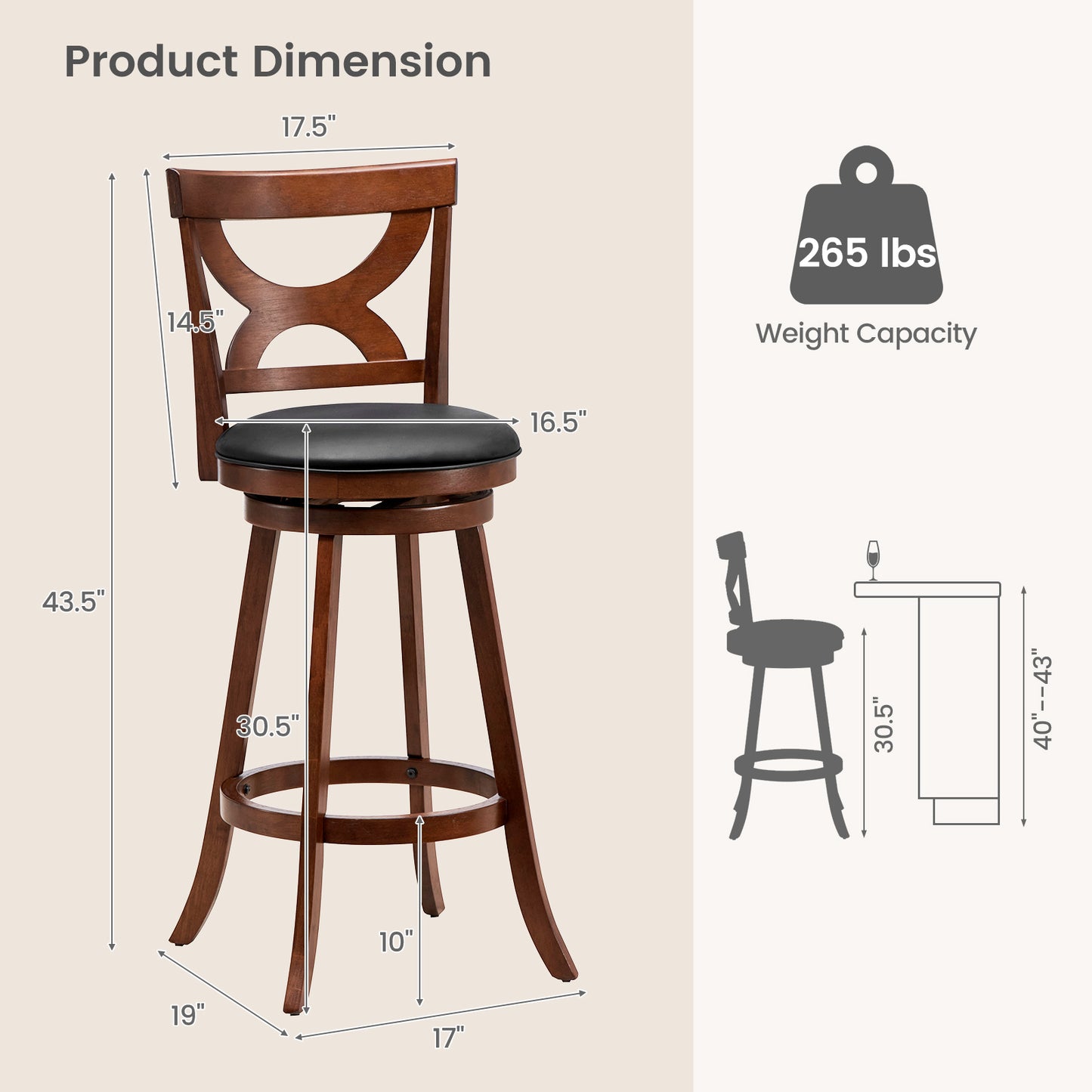 Swivel Bar Stools Set of 2 with Soft Cushion and Elegant Hollow Backrest-29 inches - 29 Inches