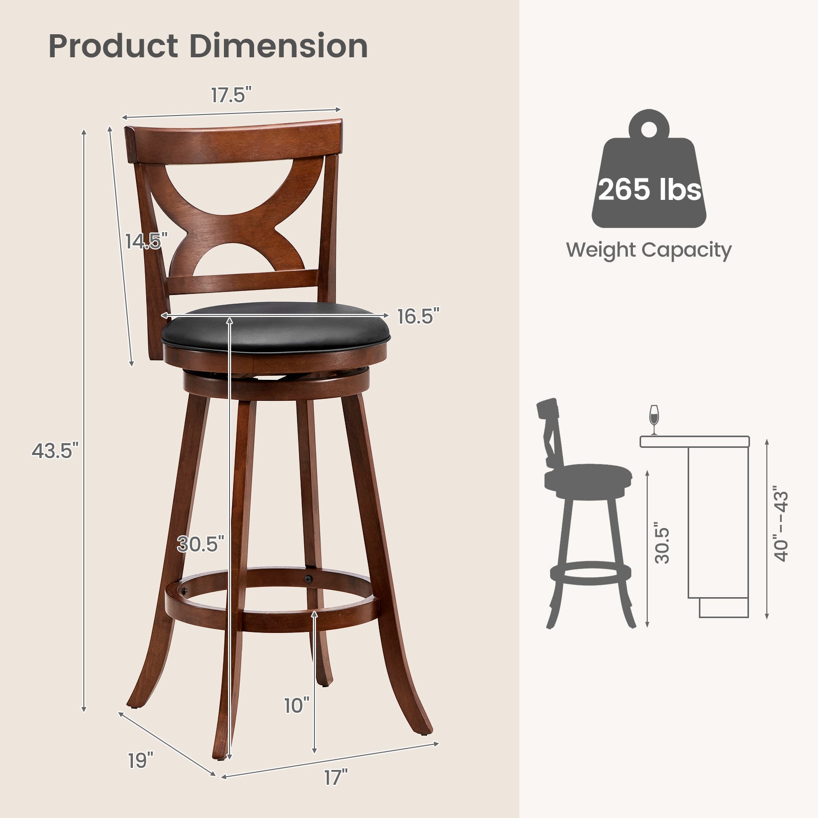 Swivel Bar Stools Set of 2 with Soft Cushion and Elegant Hollow Backrest-29 inches - 29 Inches