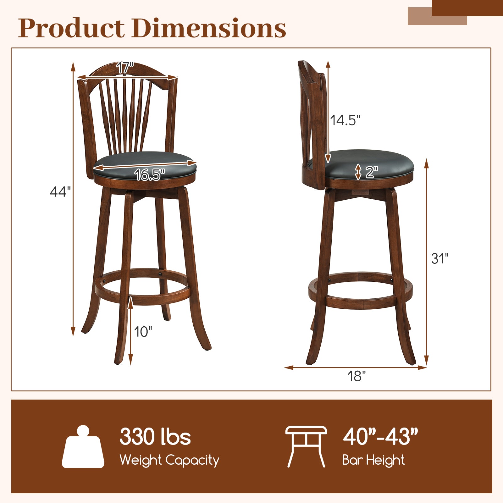 Swivel Bar Stools with Backrests and Wood Frame for Kitchen Island-29 Inch