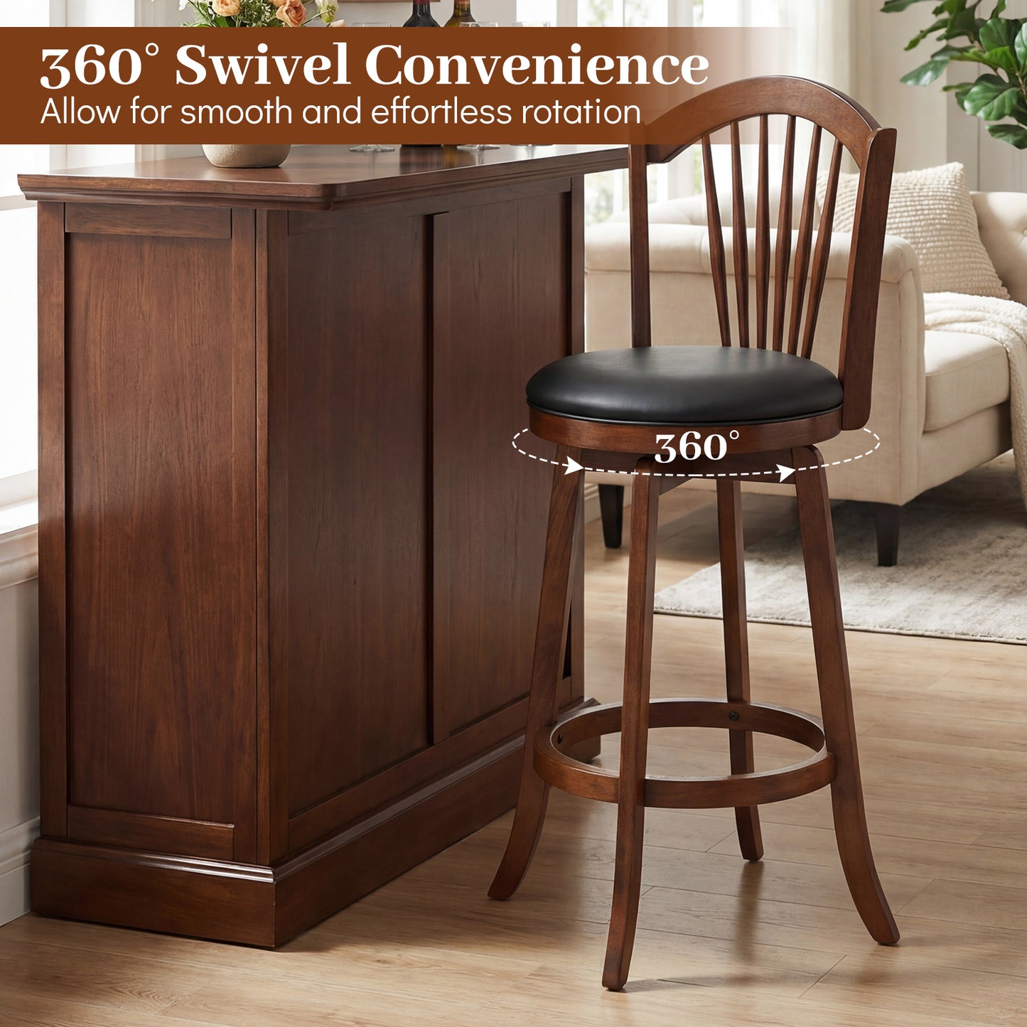 Swivel Bar Stools with Backrests and Wood Frame for Kitchen Island-29 Inch