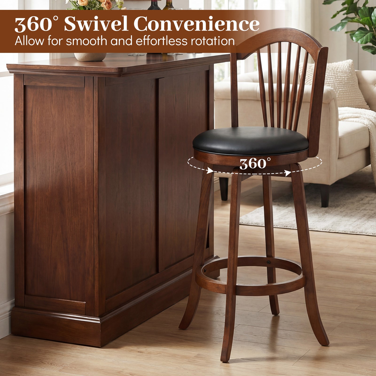 Swivel Bar Stools with Backrests and Wood Frame for Kitchen Island-29 Inch