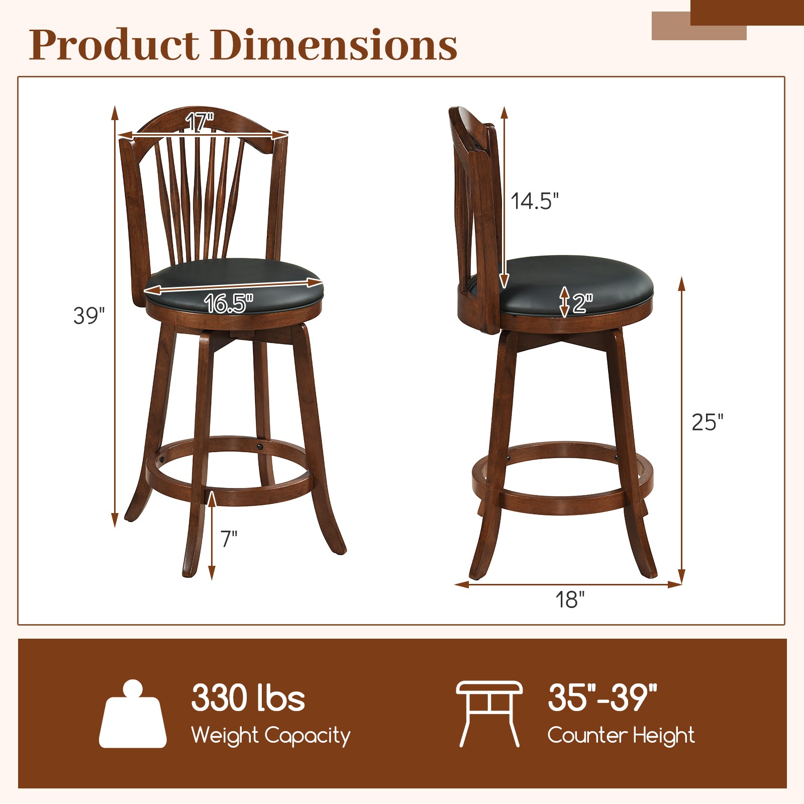 Swivel Bar Stools with Backrests and Wood Frame for Kitchen Island-24 Inch