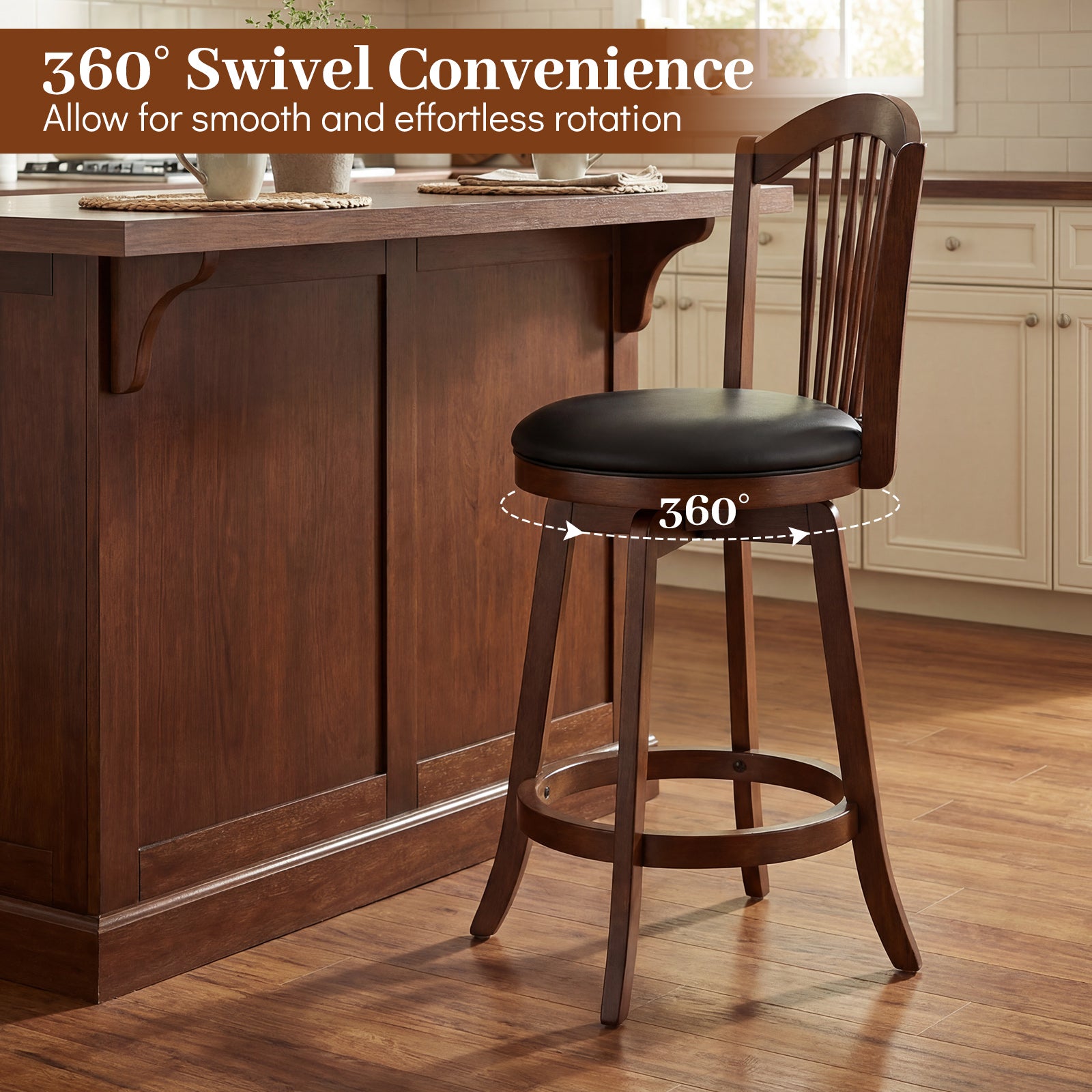 Swivel Bar Stools with Backrests and Wood Frame for Kitchen Island-24 Inch