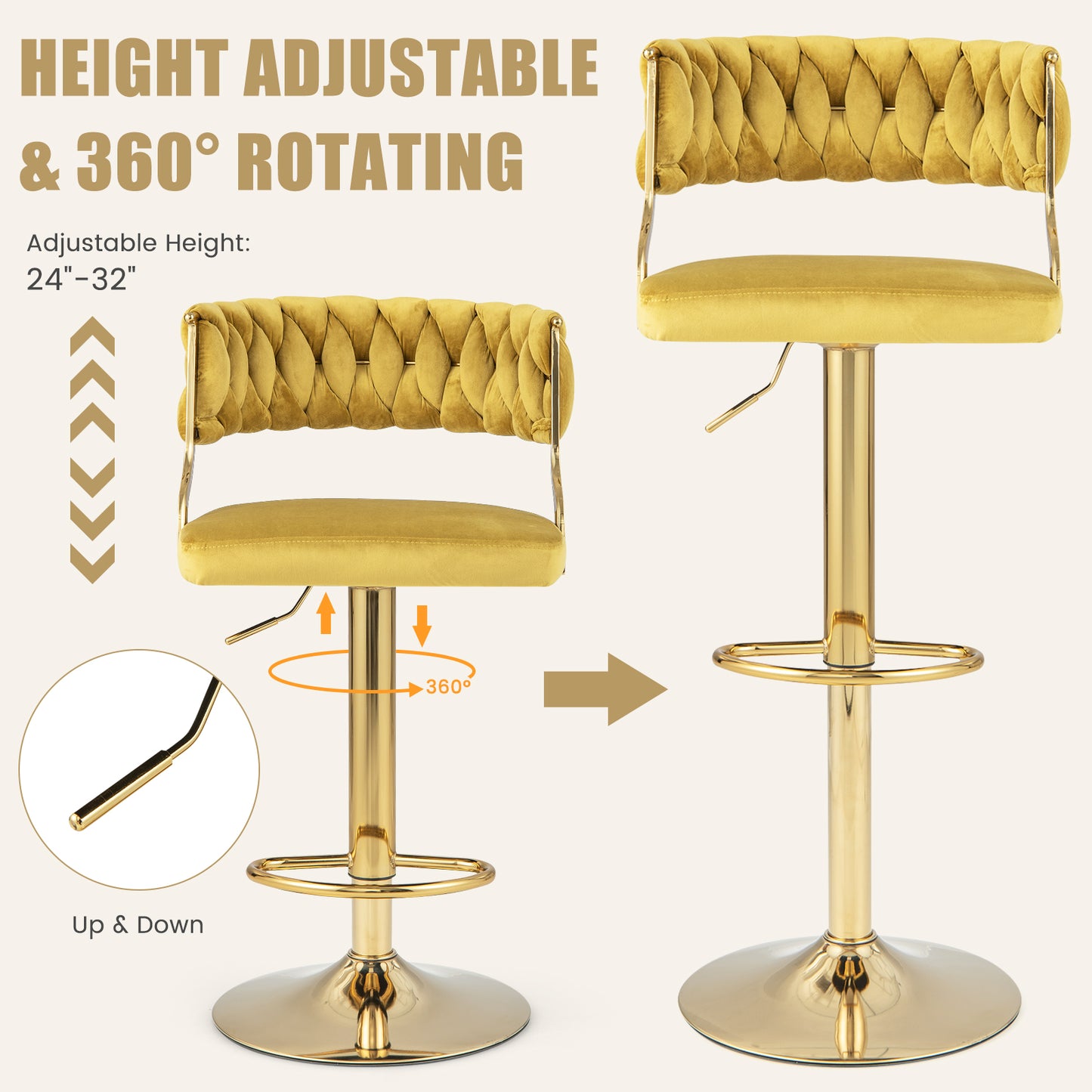 Swivel Barstool with Woven Back Set of 2 for Kitchen Island Cafe-Yellow