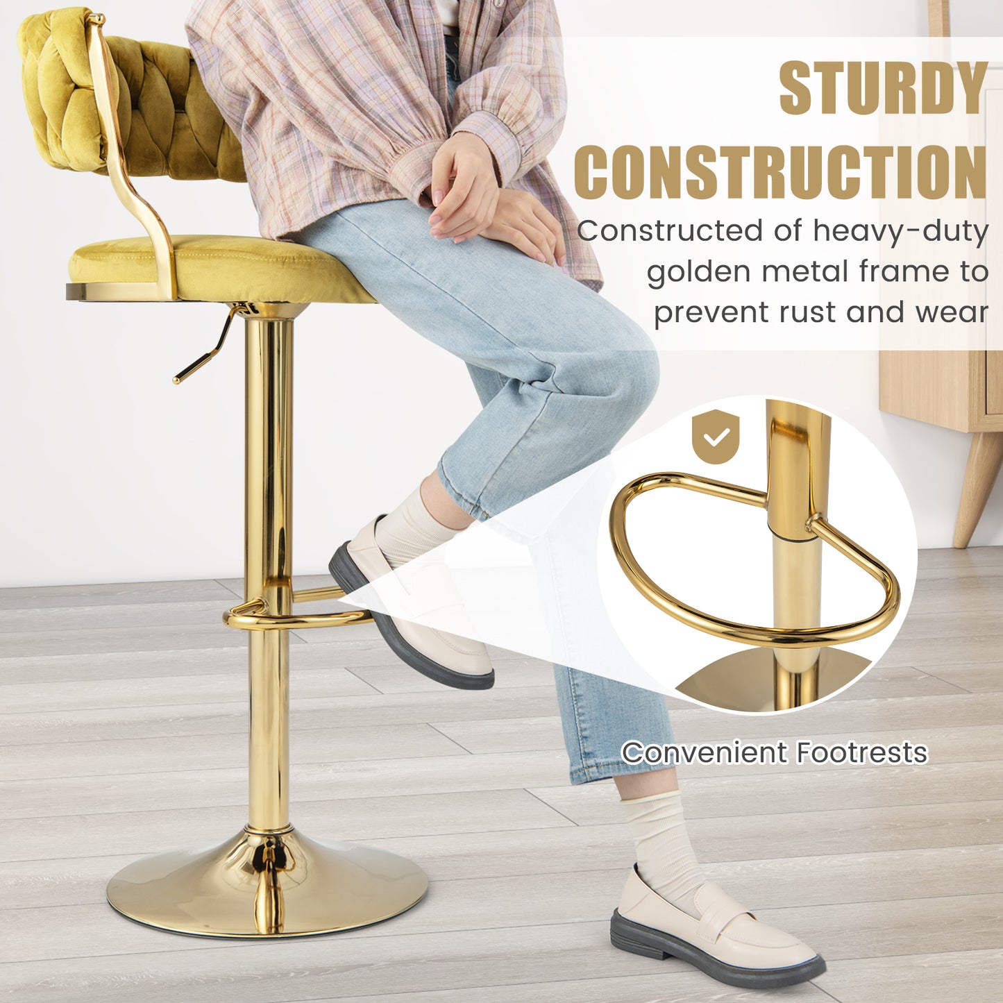 Swivel Barstool with Woven Back Set of 2 for Kitchen Island Cafe-Yellow