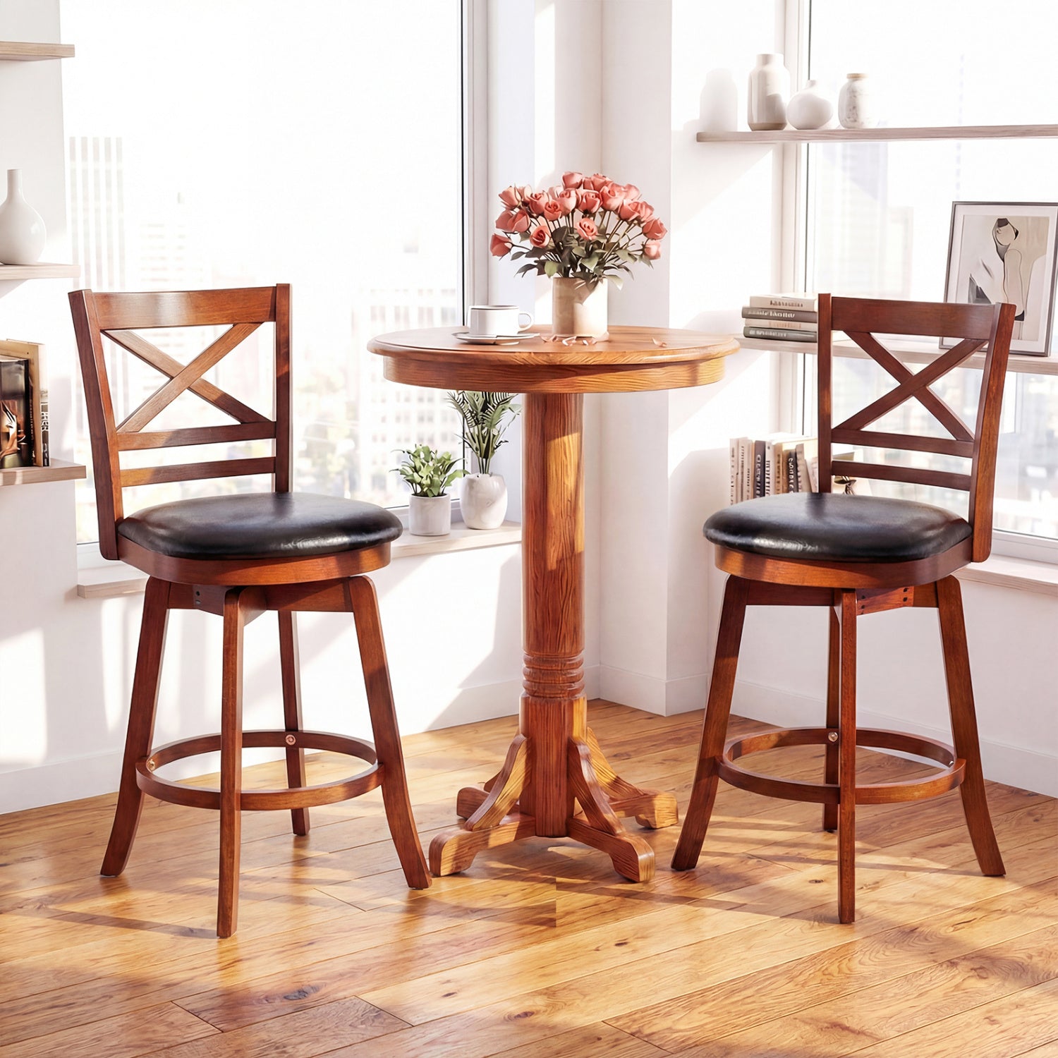 Swivel Barstools Set of 2 with Backrest and Footrest-24 Inches