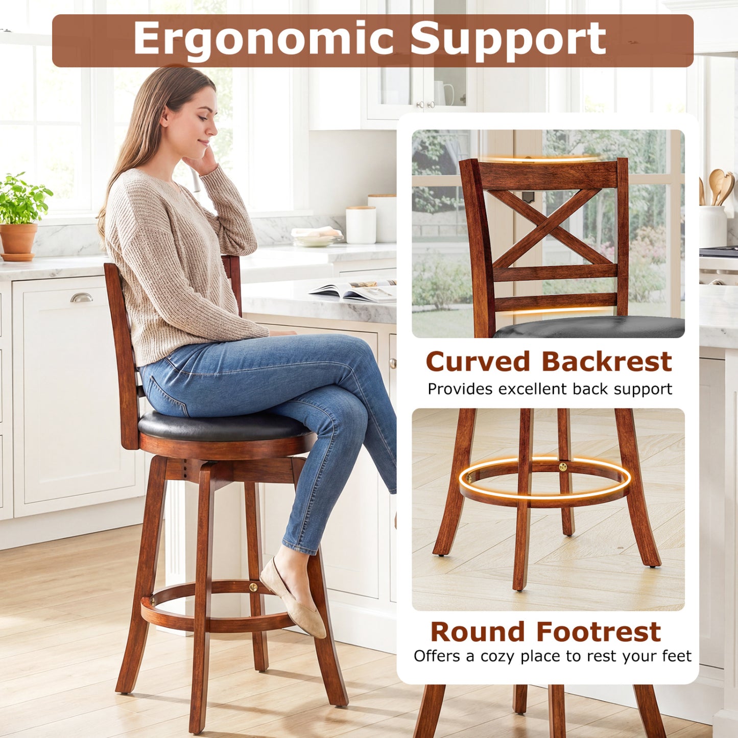 Swivel Barstools Set of 2 with Backrest and Footrest-24 Inches