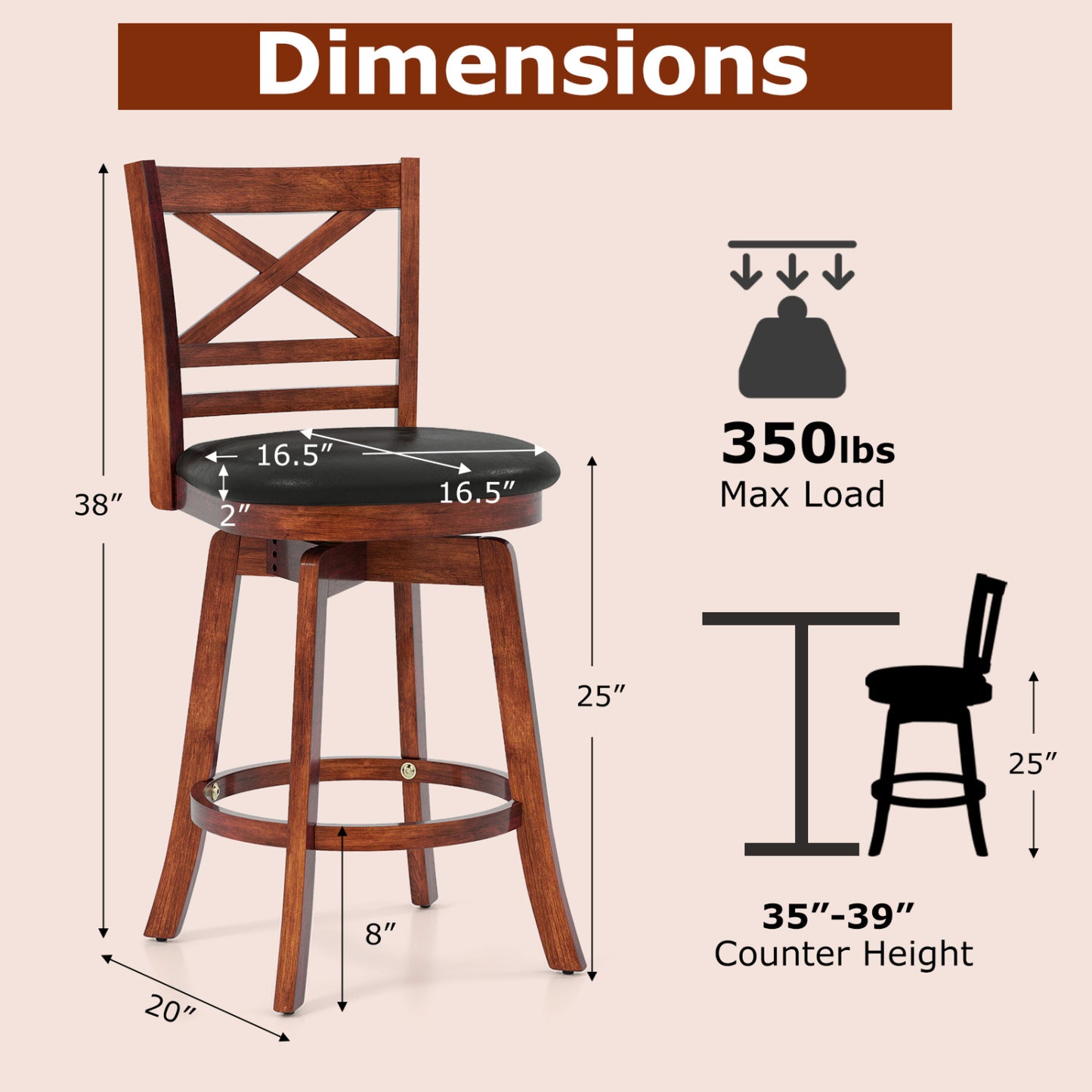 Swivel Barstools Set of 2 with Backrest and Footrest-24 Inches