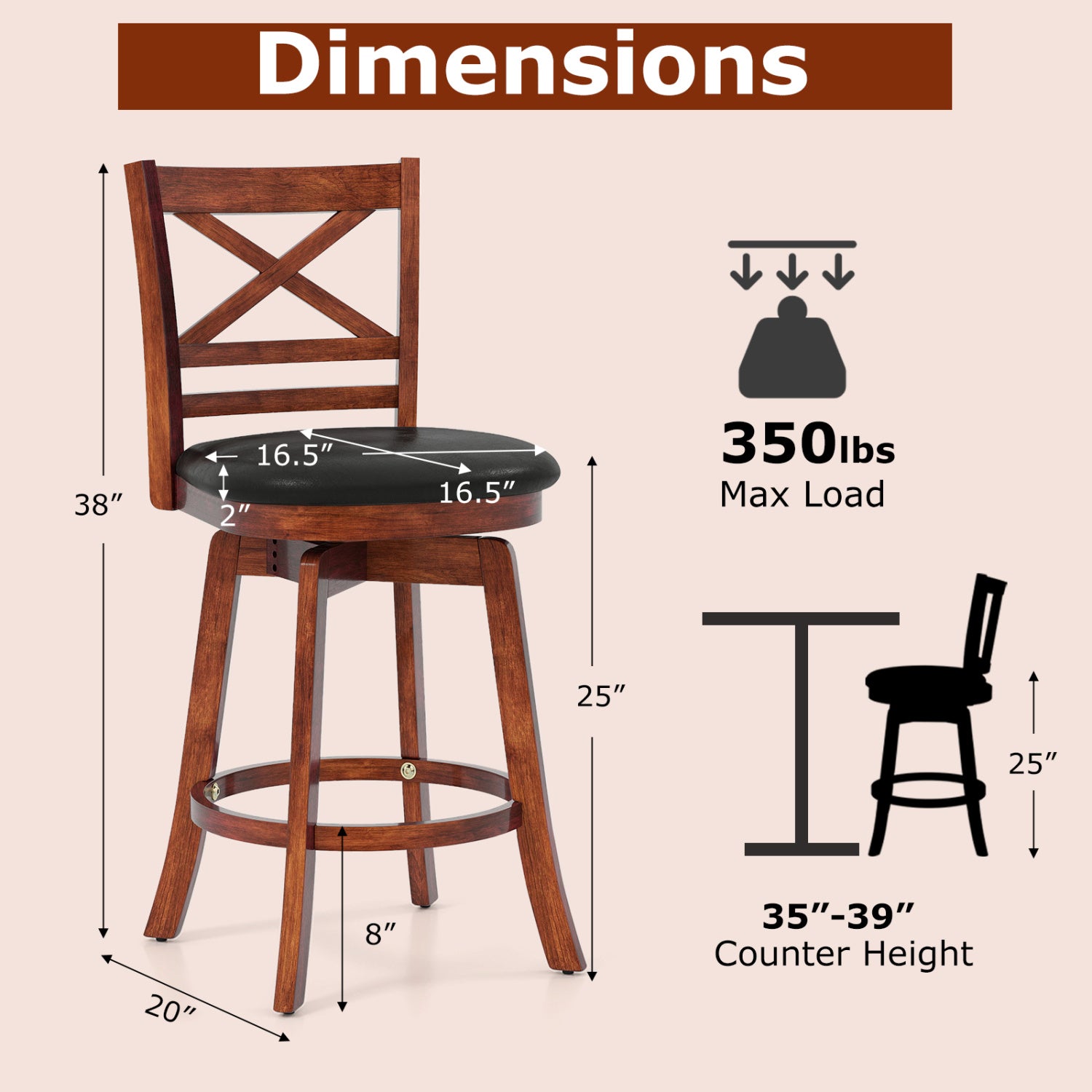Swivel Barstools Set of 2 with Backrest and Footrest-24 Inches