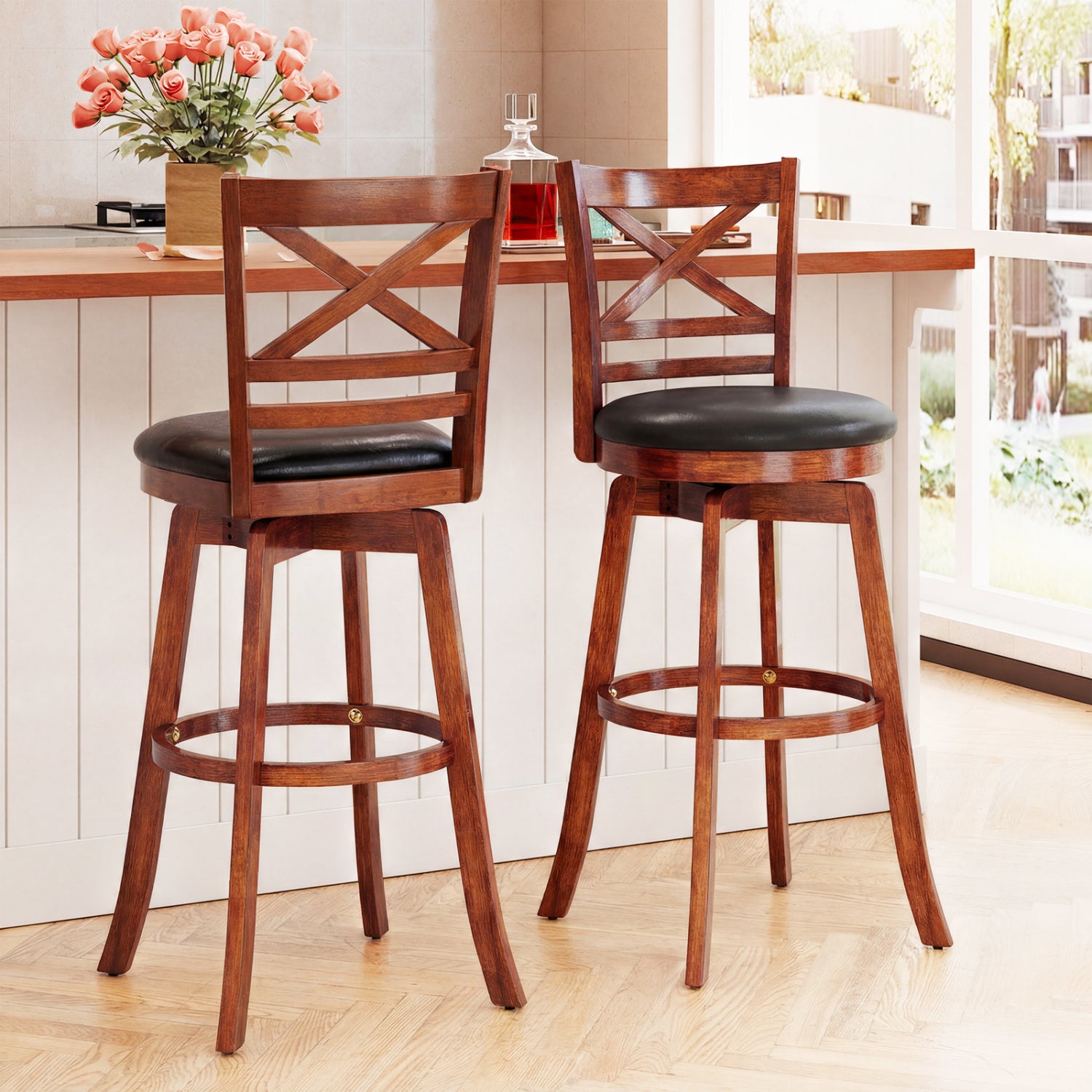 Swivel Barstools Set of 2 with Backrest and Footrest-29 Inches