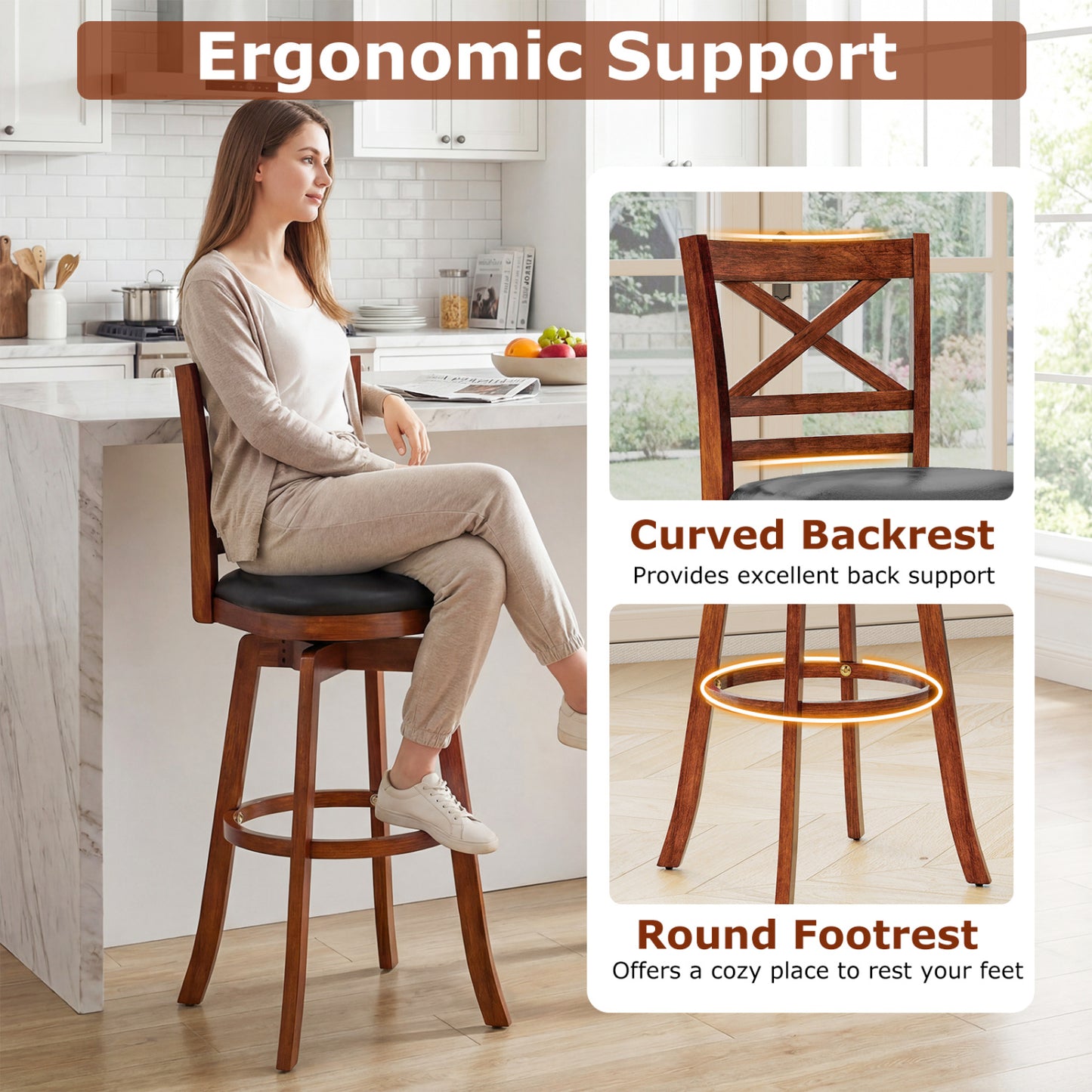 Swivel Barstools Set of 2 with Backrest and Footrest-29 Inches