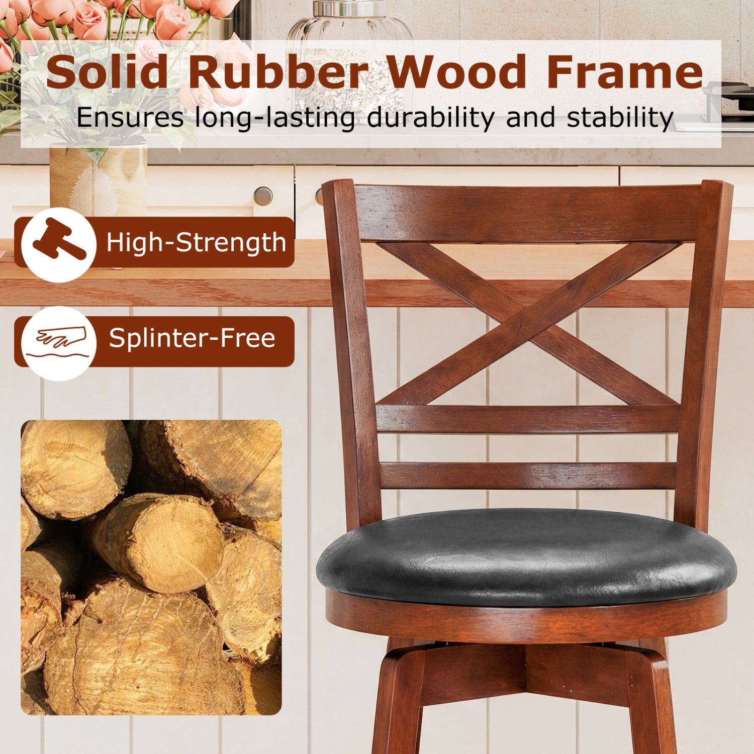 Swivel Barstools Set of 2 with Backrest and Footrest-29 Inches