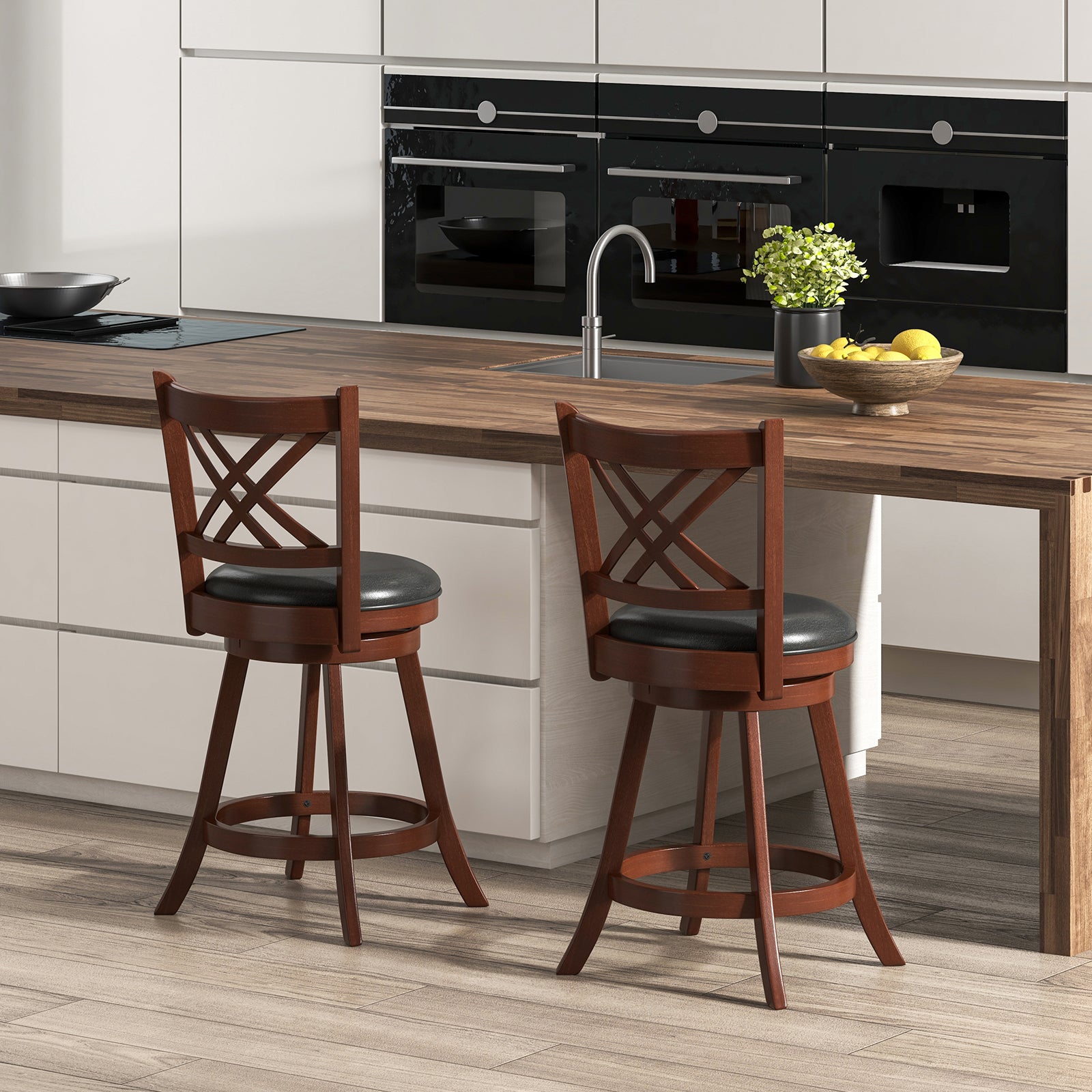 360¬∞ Swivel Upholstered Barstools Set of 2 with Back and Footrest-24 inches