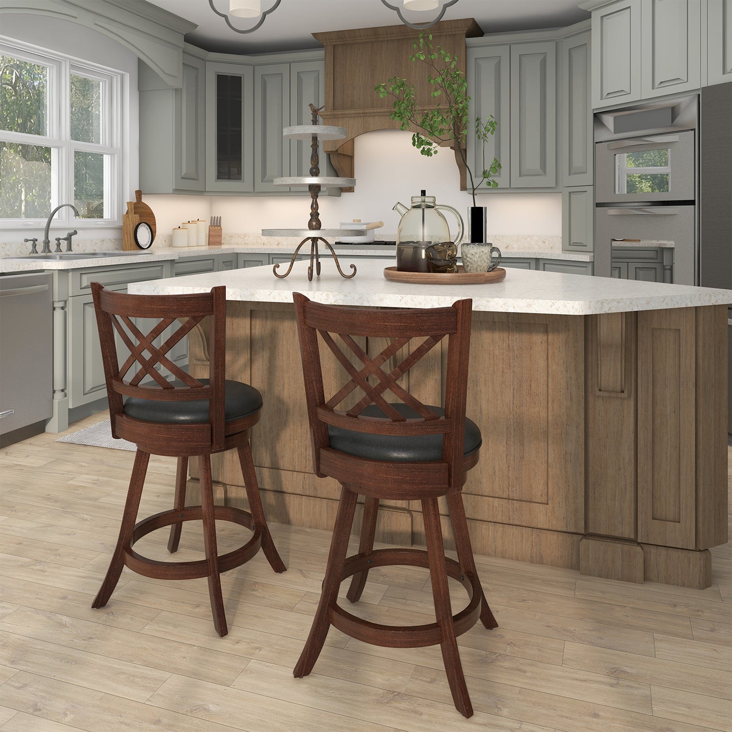 360¬∞ Swivel Upholstered Barstools Set of 2 with Back and Footrest-24 inches