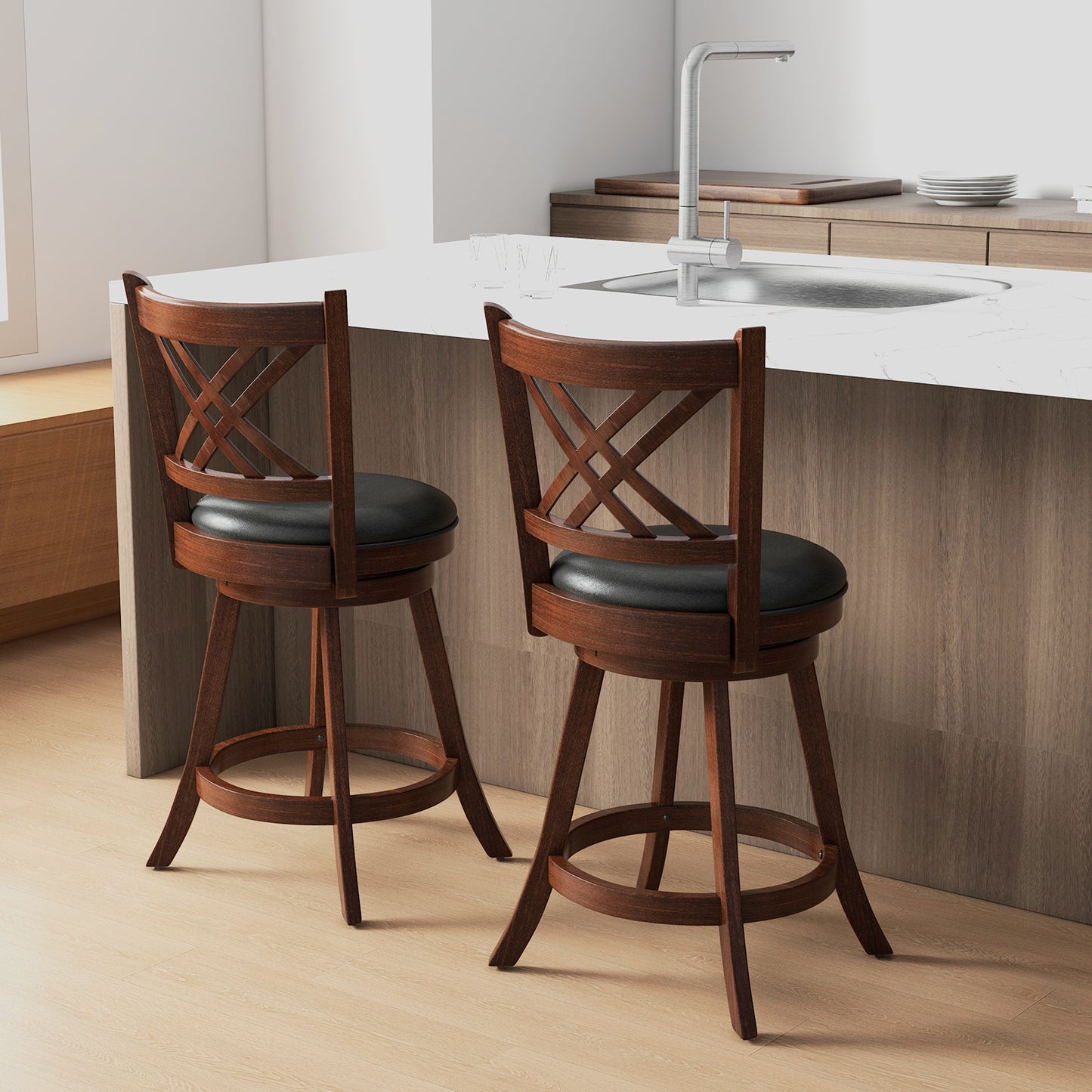 360¬∞ Swivel Upholstered Barstools Set of 2 with Back and Footrest-24 inches