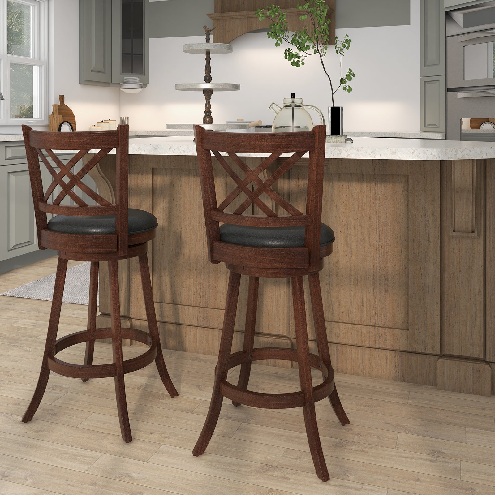 360¬∞ Swivel Upholstered Barstools Set of 2 with Back and Footrest-29 inches