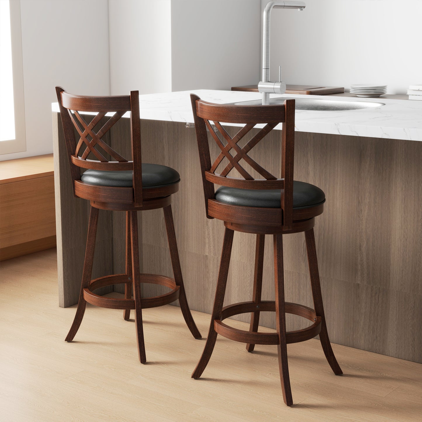 360¬∞ Swivel Upholstered Barstools Set of 2 with Back and Footrest-29 inches