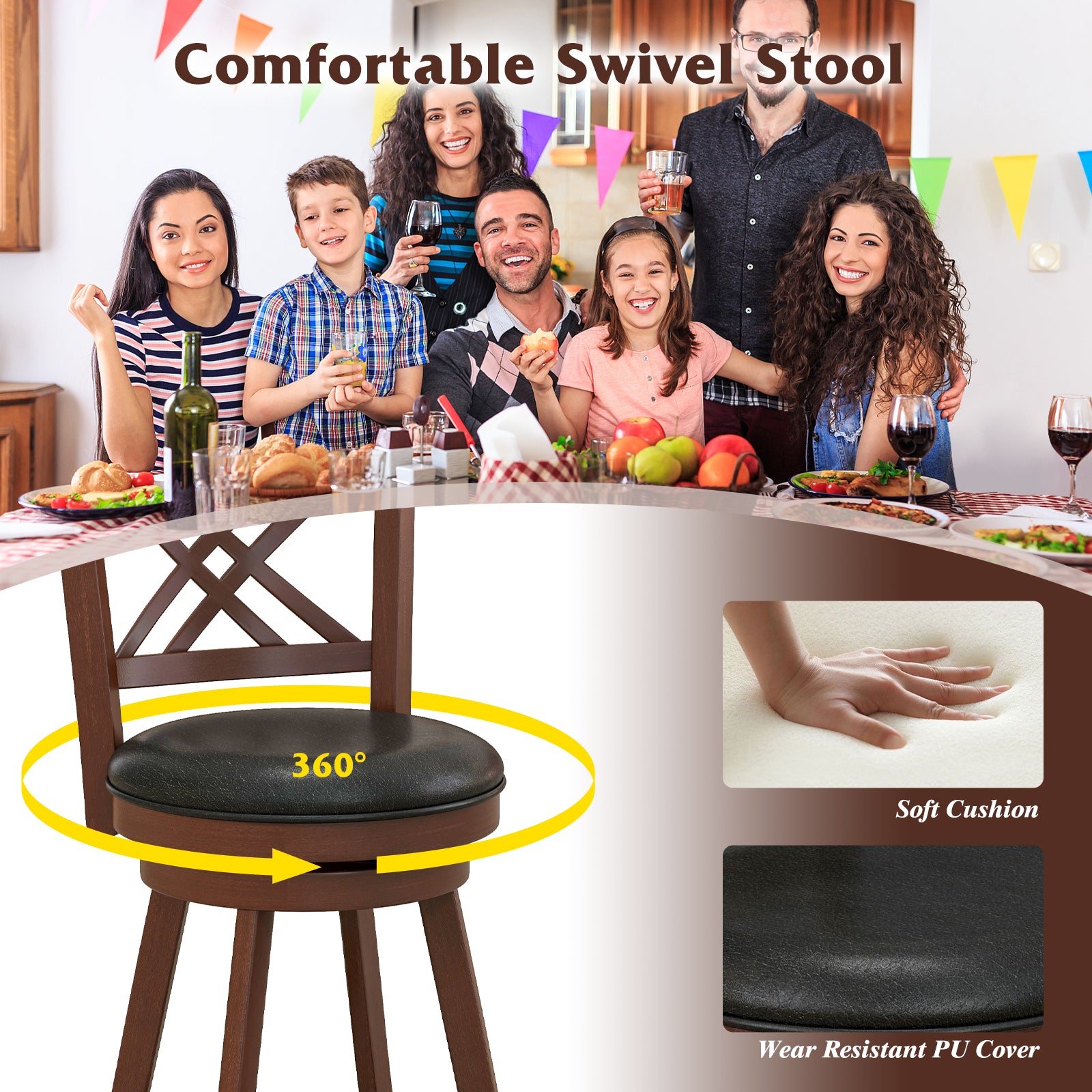 360¬∞ Swivel Upholstered Barstools Set of 2 with Back and Footrest-29 inches