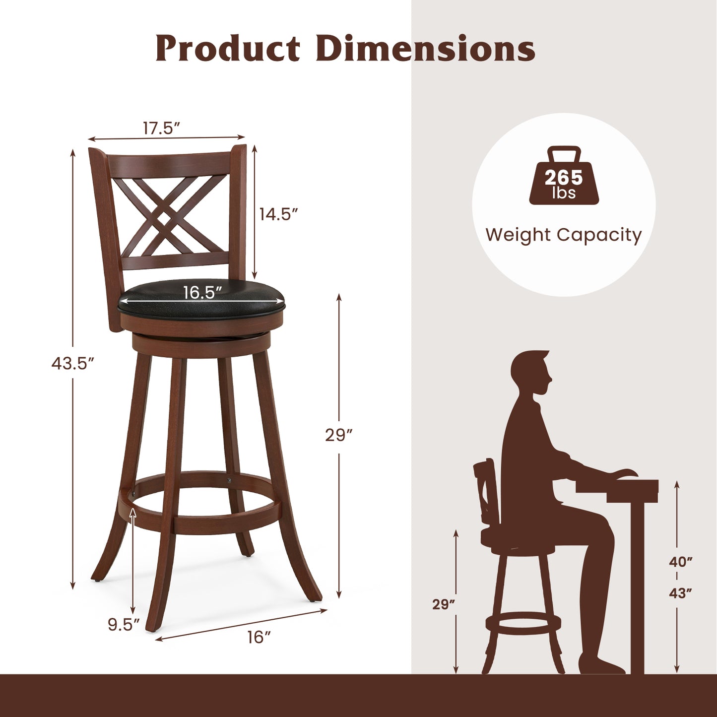 360¬∞ Swivel Upholstered Barstools Set of 2 with Back and Footrest-29 inches