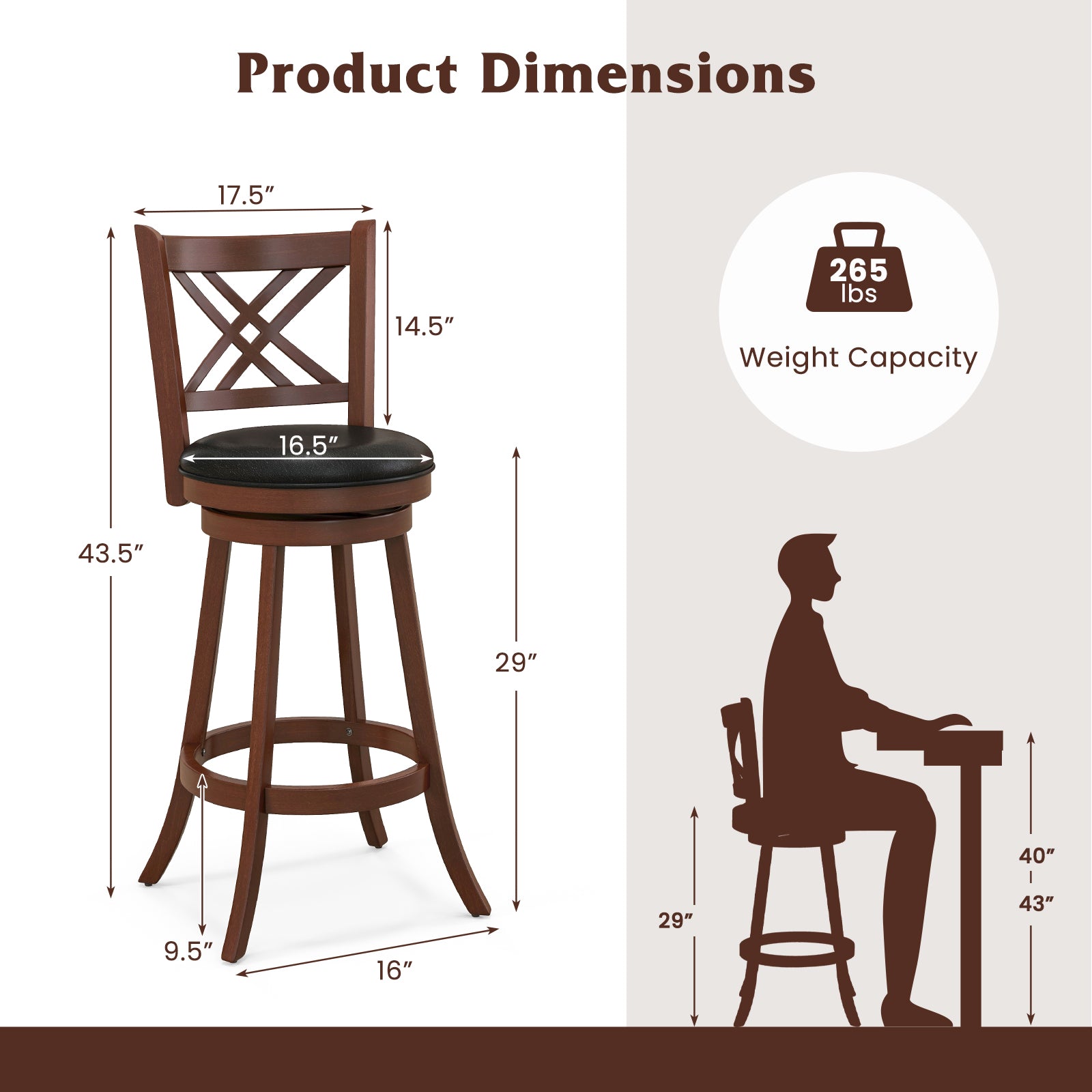 360¬∞ Swivel Upholstered Barstools Set of 2 with Back and Footrest-29 inches