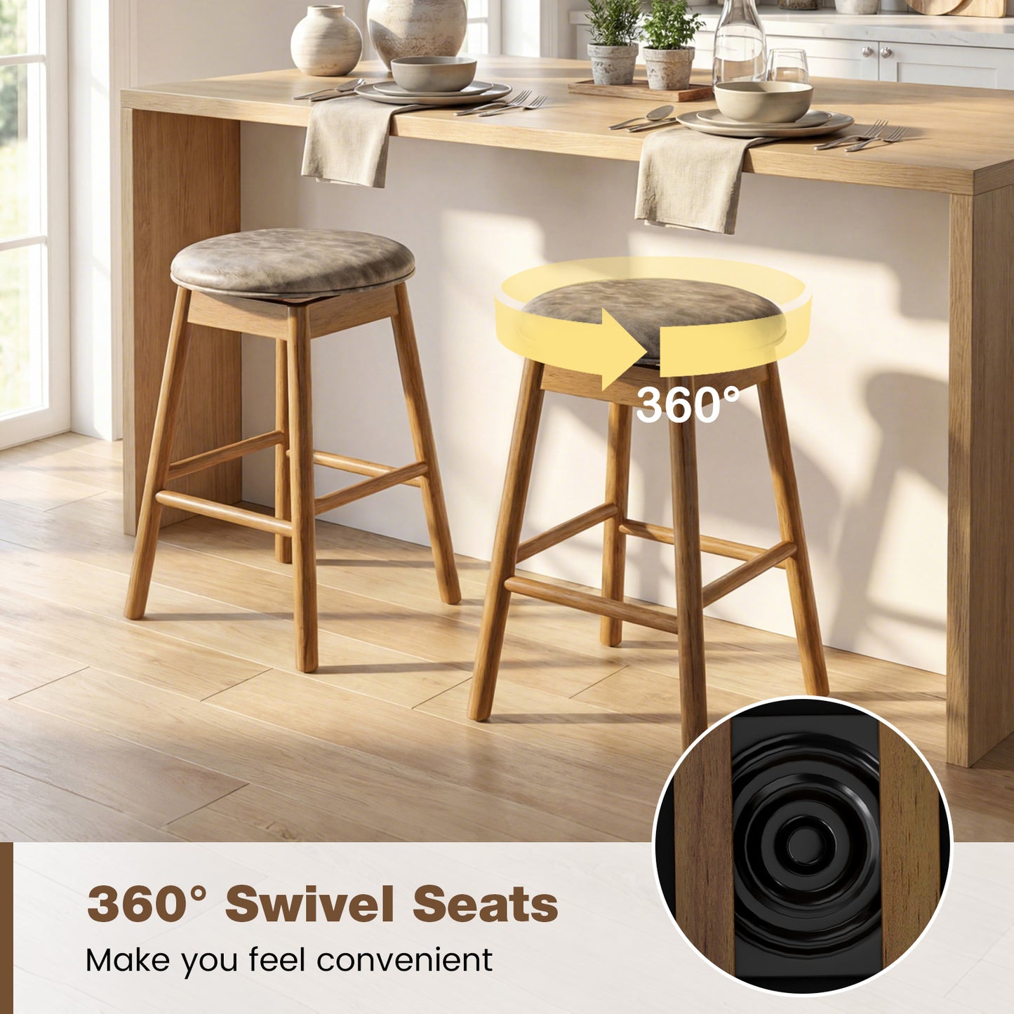 Swivel Counter Height Barstools with Solid Wood Legs and Footrests-Set of 2