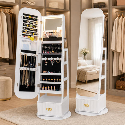 Swivel Jewelry Cabinet with Full-Length Mirror and LED Lights