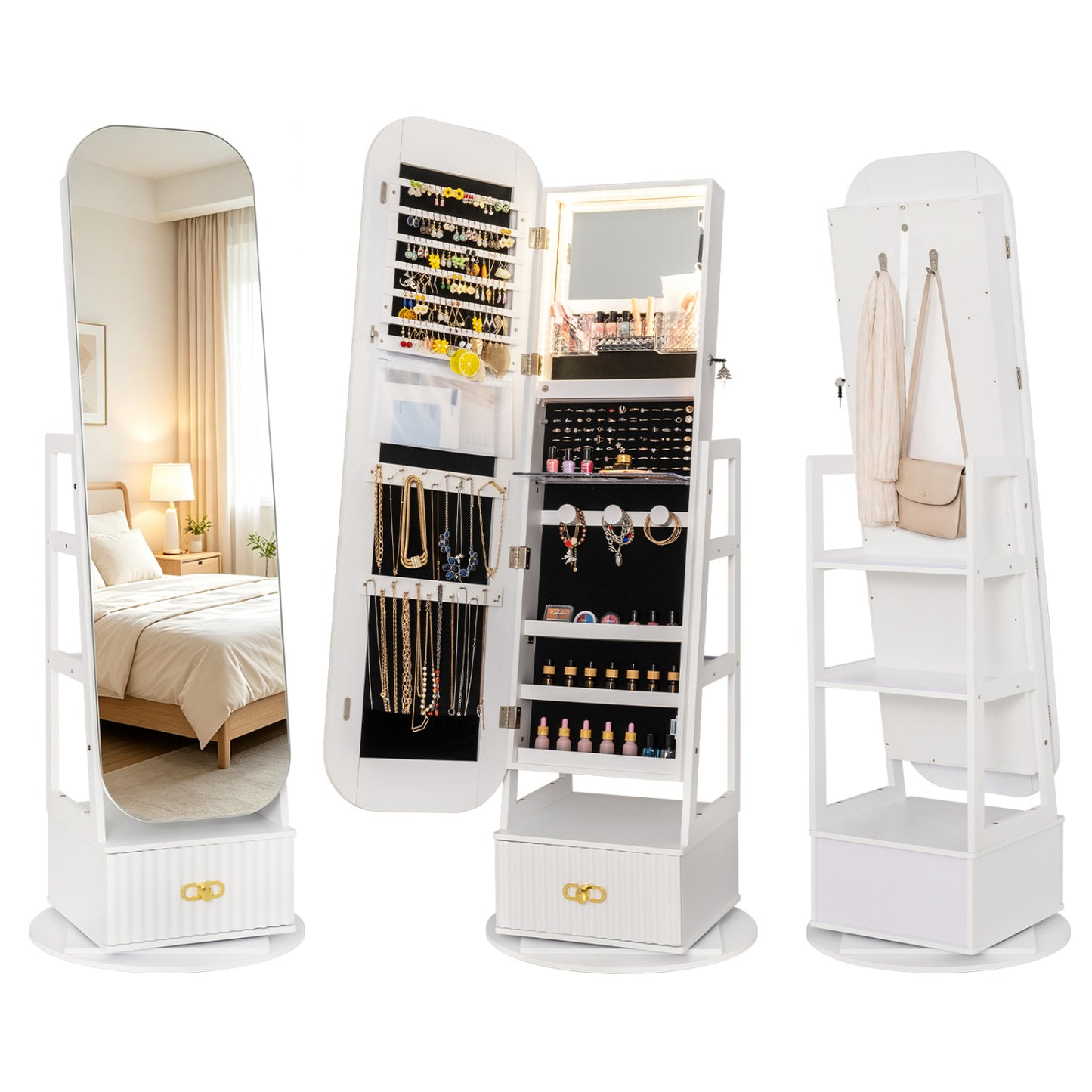 Swivel Jewelry Cabinet with Full-Length Mirror and LED Lights
