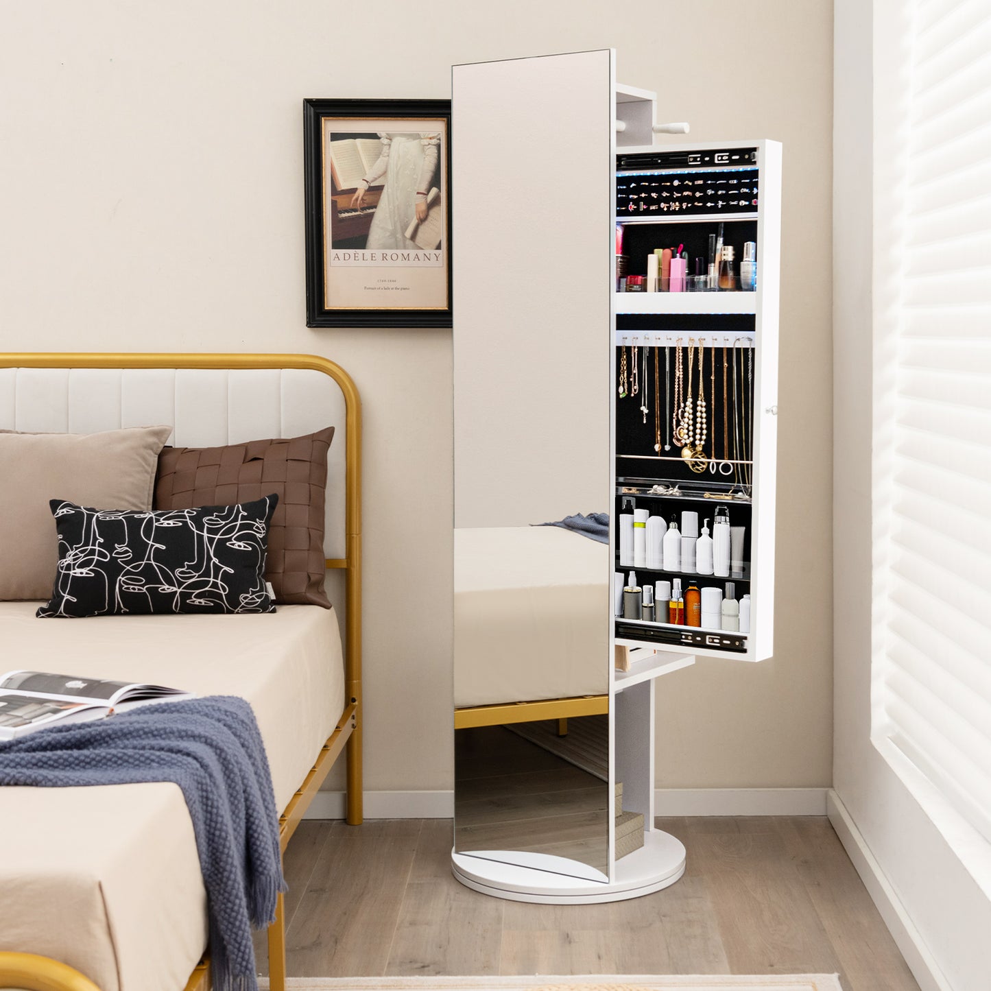 360-Degree Swivel Jewelry Cabinet Armoire with Full Length Mirror and Coat Rack-White