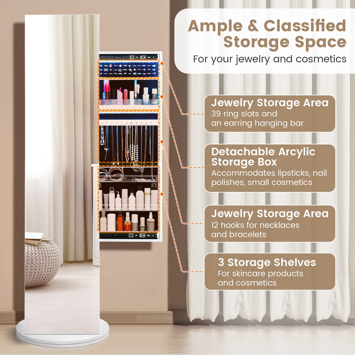 360-Degree Swivel Jewelry Cabinet Armoire with Full Length Mirror and Coat Rack-White