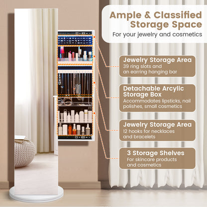 360-Degree Swivel Jewelry Cabinet Armoire with Full Length Mirror and Coat Rack-White