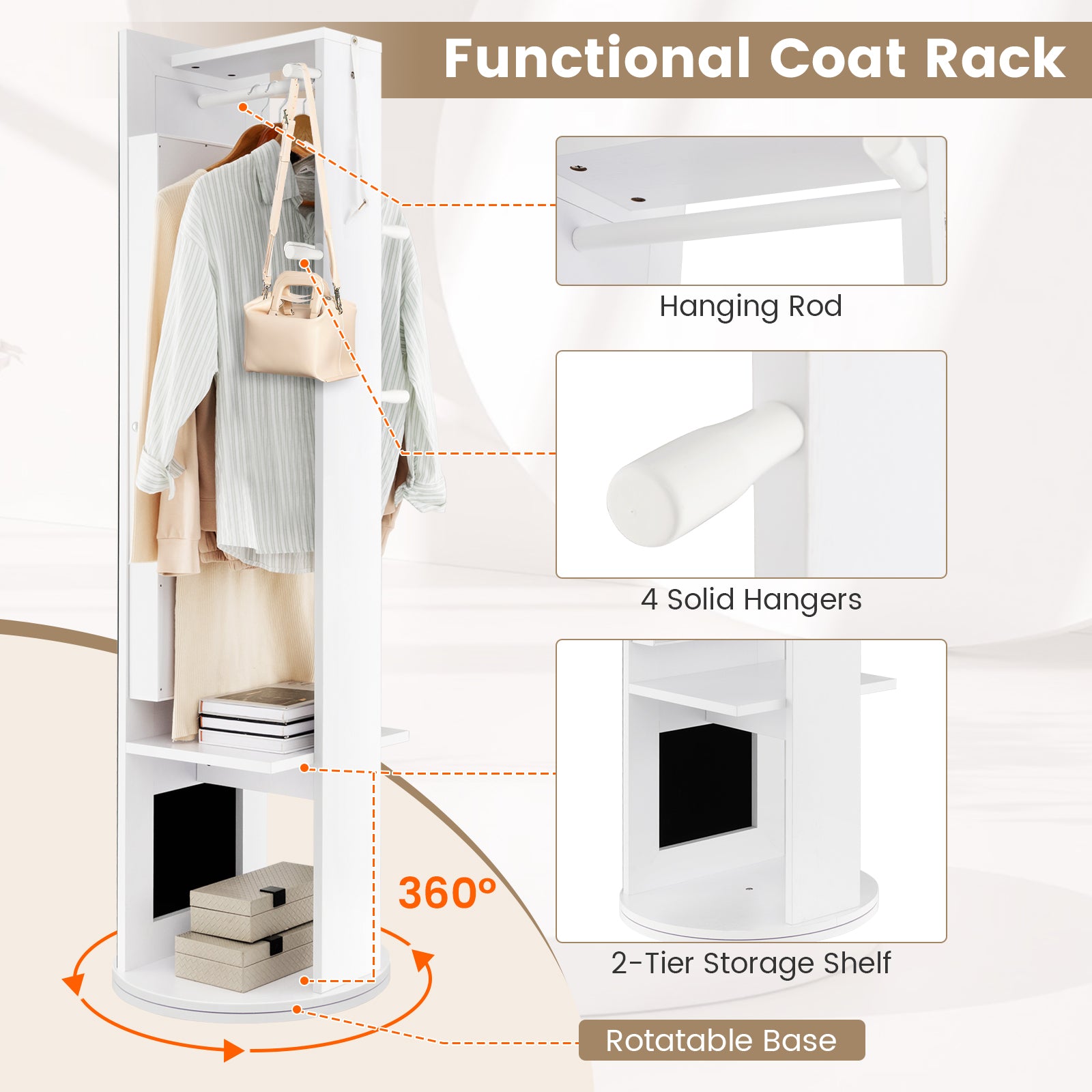 360-Degree Swivel Jewelry Cabinet Armoire with Full Length Mirror and Coat Rack-White