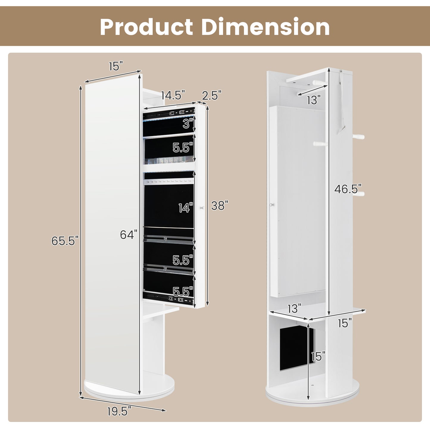 360-Degree Swivel Jewelry Cabinet Armoire with Full Length Mirror and Coat Rack-White