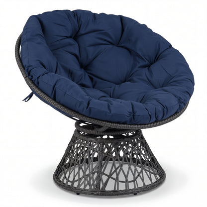 Swivel Papasan Chair Round Wicker Lounge Chair with Thick Cushion-Navy