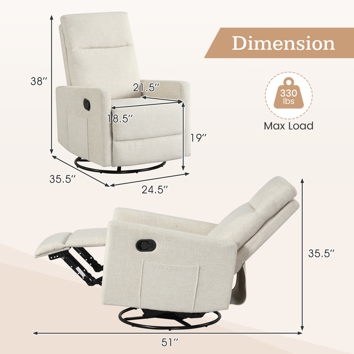 Swivel Rocking Chair 360° Nursery Reclining Rocker Armchair with Cushioned Back