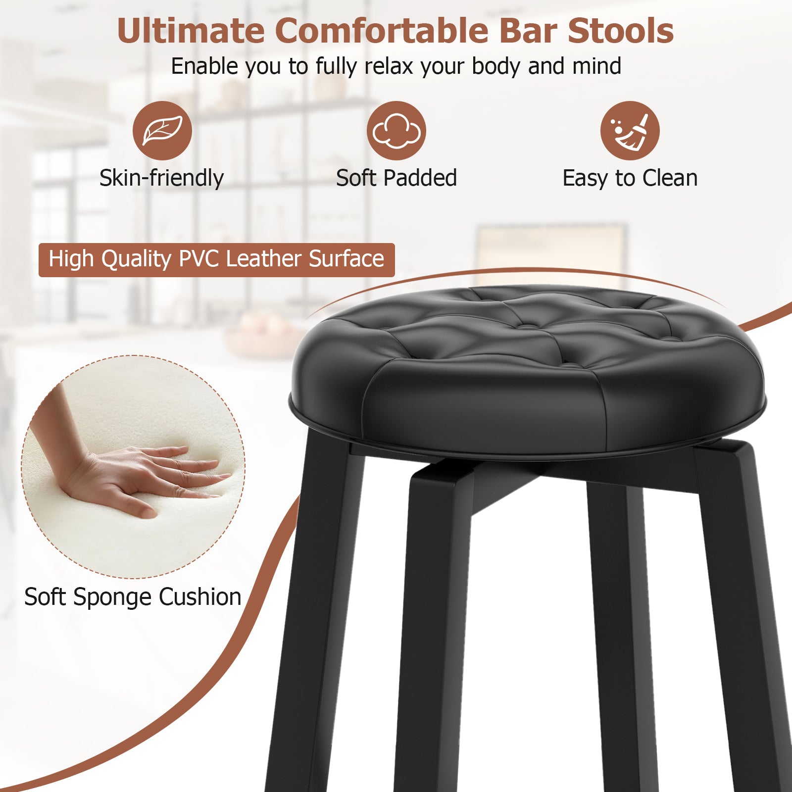 360¬∞ Swivel Upholstered Rubberwood Frame Bar Stool Set of 2 with Footrest-24 inches