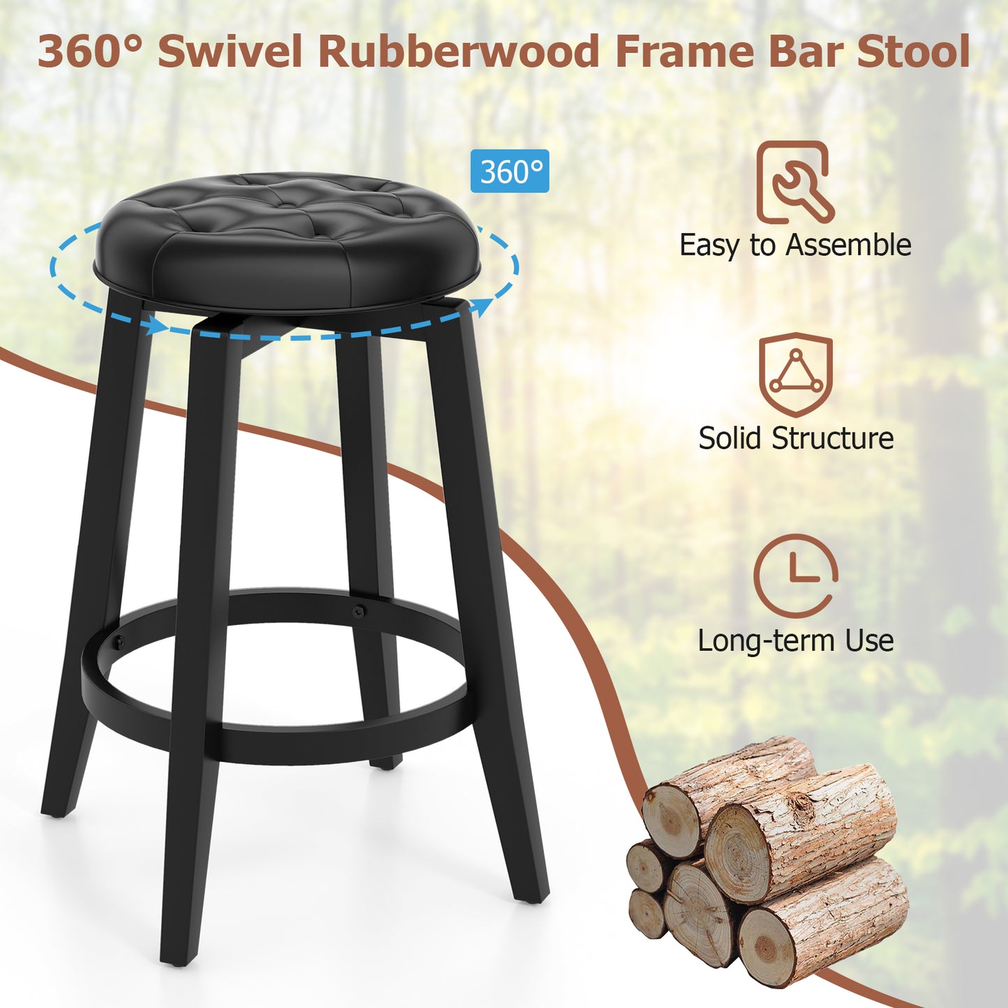 360¬∞ Swivel Upholstered Rubberwood Frame Bar Stool Set of 2 with Footrest-24 inches